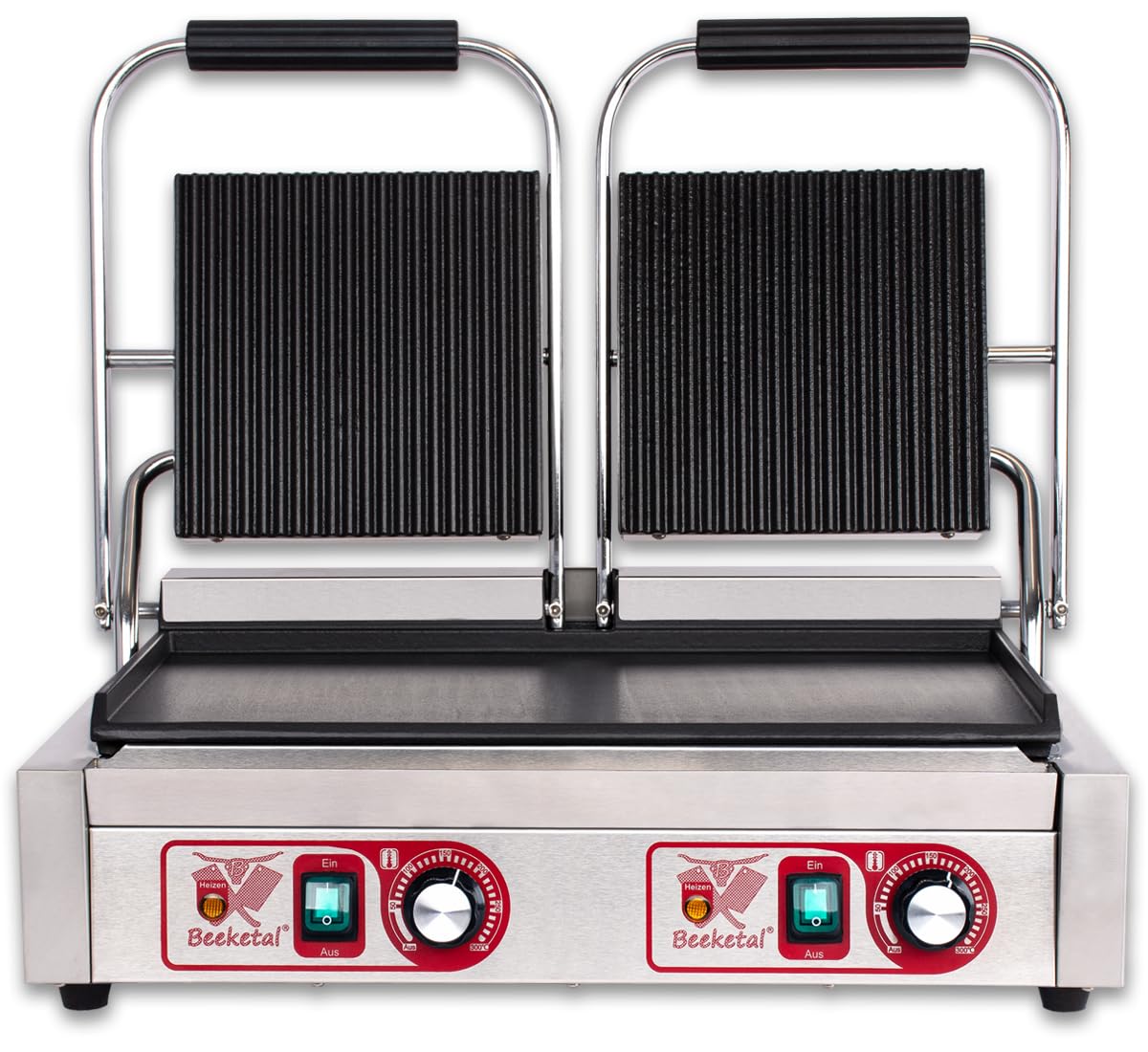 Beeketal BKG8 Edelstahl Kontaktgrill mit Gusseisenplatten, gerillt/glatt, für Panini und Gastro-Grill.