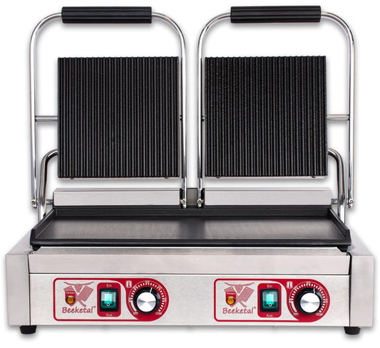 Beeketal BKG8 Edelstahl Kontaktgrill mit Gusseisenplatten, gerillt/glatt, für Panini und Gastro-Grill.