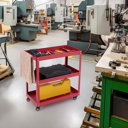 COSTWAY Werkstatt-Rollwagen mit 3 Etagen, Werkzeugwagen mit Handgriff, Metall, bis 120 kg belastbar, 73 x 36 x 75 cm, Rot/Schwarz