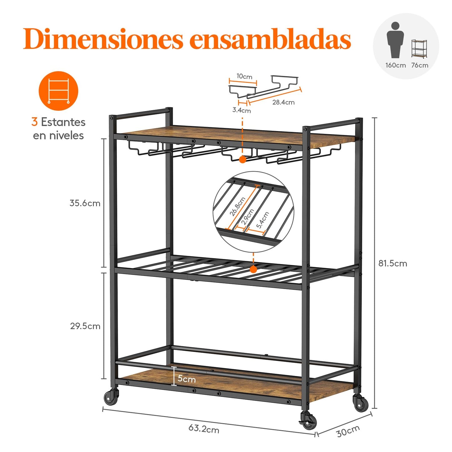Lifewit Servierwagen, 3-stöckiger Barwagen mit blockierbaren Rädern, Weinregal und Glashaltern, Küchenwagen, Esszimmer, Wohnzimmer, 63,2 x 30 x 81,5 cm, Rustikales Braun