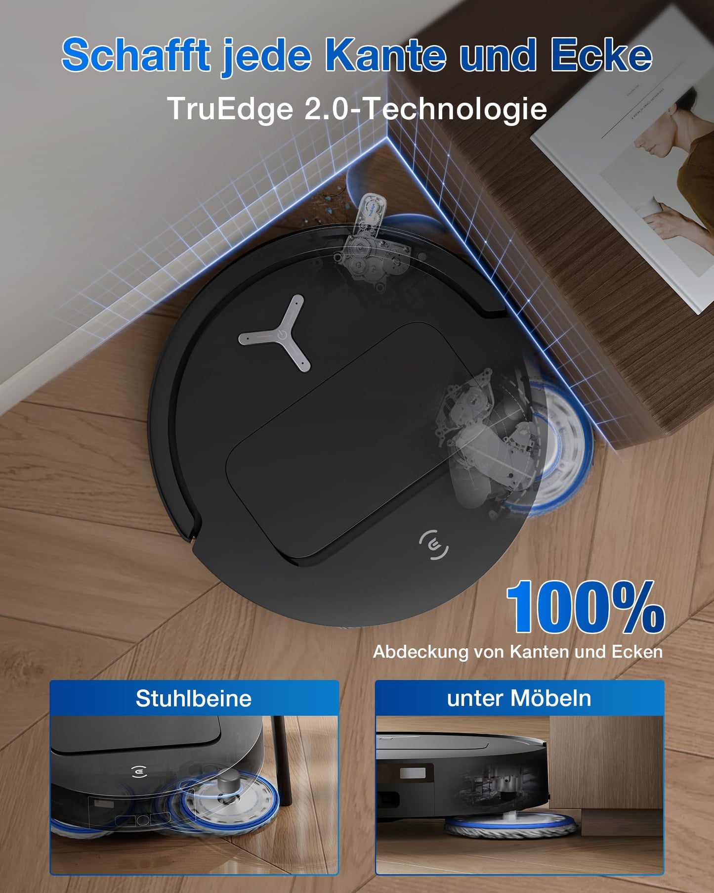 ECOVACS DEEBOT T50 Omni Saugroboter mit Wischfunktion,15.000 Pa, Ausziehbare Seitenbürste und Mopp, ZeroTangle 2.0, Moppwäsche mit 75°C heißem Wasser, All-in-One Station, ultradünn 81 mm, Schwarz