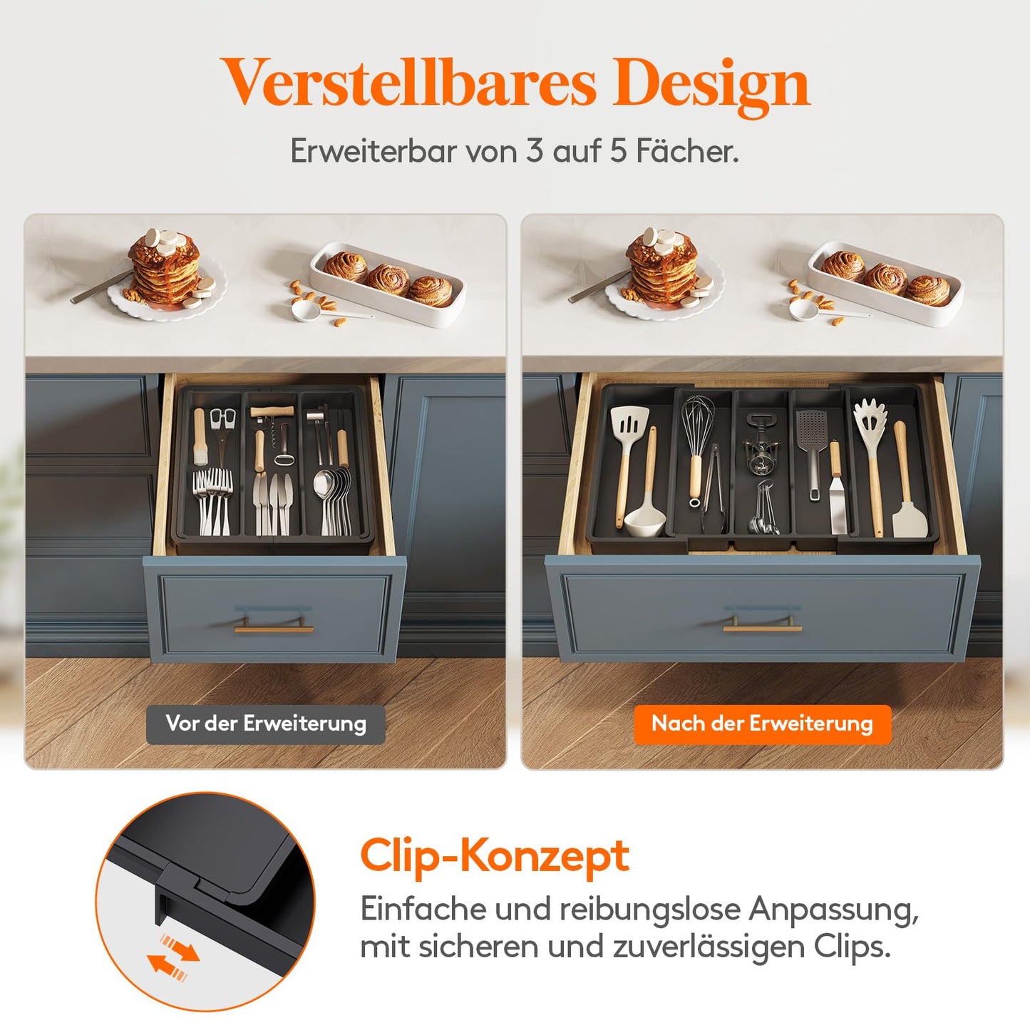 Lifewit Besteckkasten für Schubladen, erweiterbarer großer Besteckkasten für die Küche, verstellbarer Besteckeinsatz für Schubladen, Kunststoff Küchenzubehör, Trenneinsatz, groß, schwarz