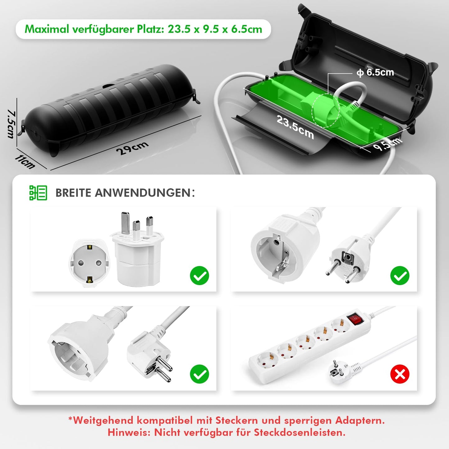 RESTMO IP44 wasserdichte Kabelbox für den Außenbereich (Outdoor), wetterbeständige Große Schutzbox für Verlängerungskabel, Schukostecker, Elektrowerkzeug, 290mm x 110mm x 75mm, Schwarz