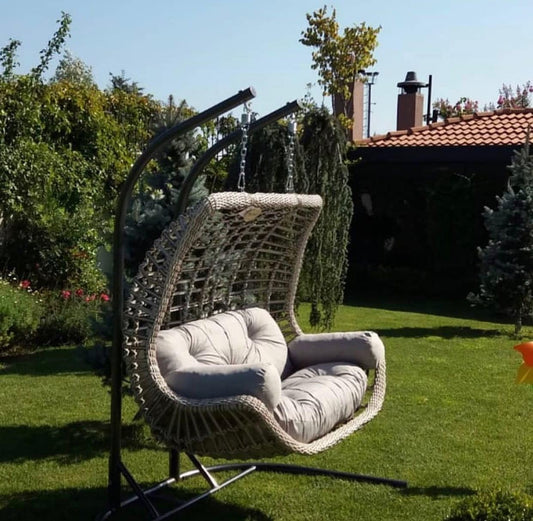 Alveon Hängesessel mit Gestell & Kissen Handgeflechtet Rattan Hängematte Hängekorb Luxus Balkonmöbel Hängeschaukel Cunda (Weiß), Einheitsgröße