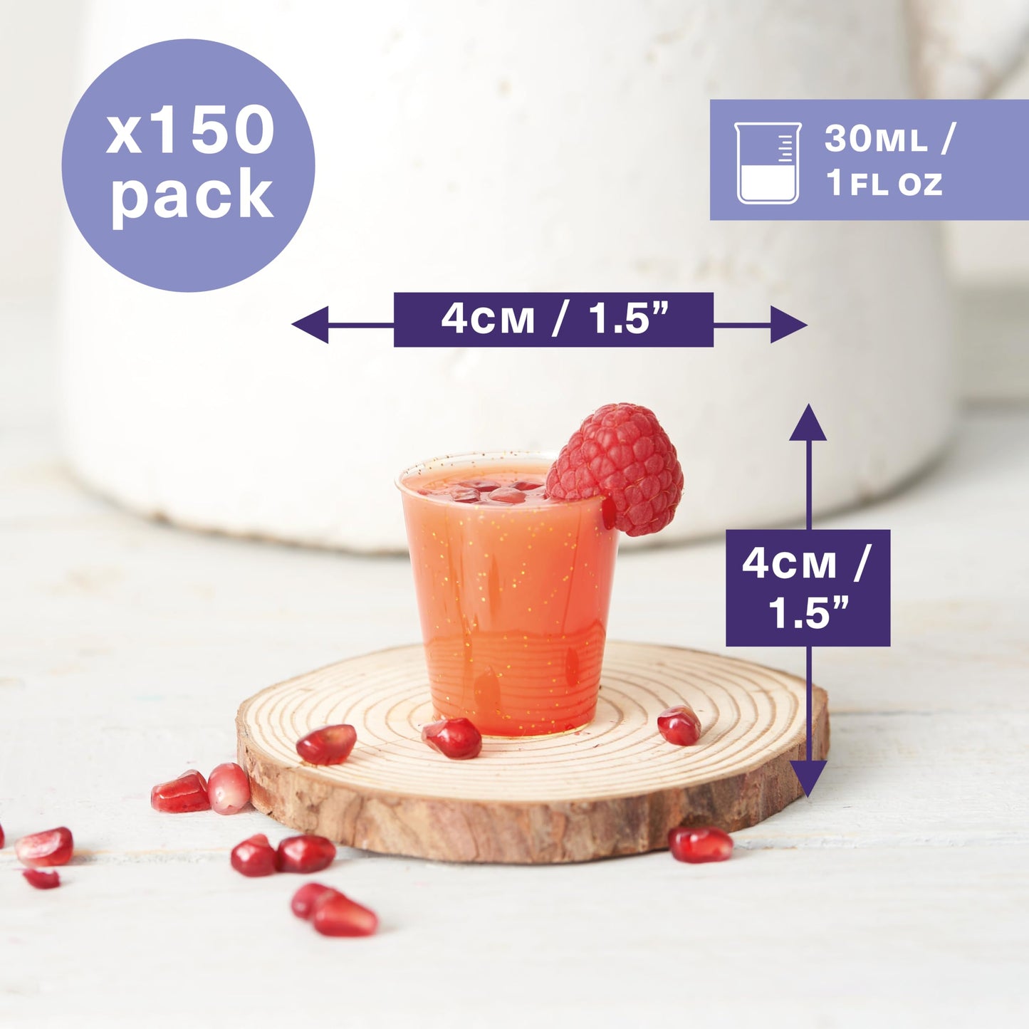 MATANA 150 Schnapsgläser aus Plastik mit Goldglitter, 3cl - Pinnchen Kunststoff, Shotgläser Gold, Shot Becher, Schnapsbecher, Plastikbecher - Party Zubehör - Stabil & Mehrweg