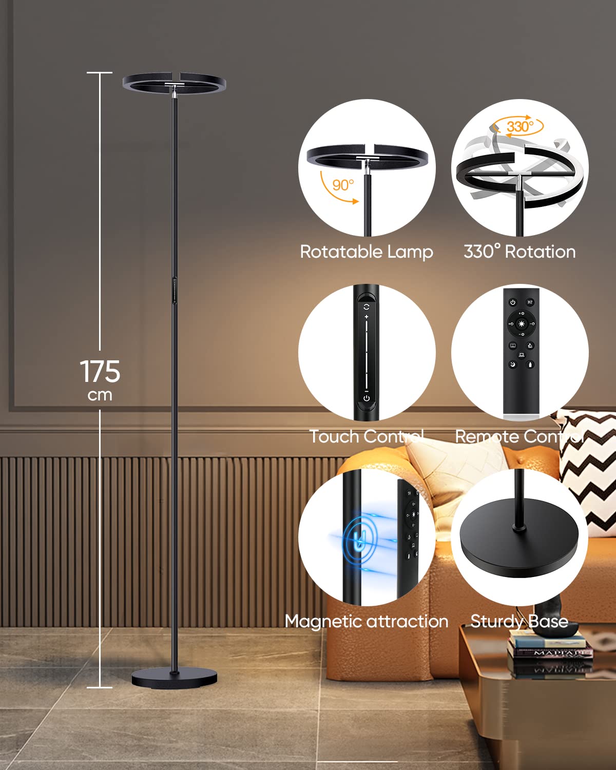 SIBRILLE Stehlampe LED Dimmbar, Schwarz Stehlampen Stehleuchte 20W Modern Deckenfluter mit Fernbedienung 1300LM Warmweiß Kaltweiß Leselampe, Touch Stehleuchte für Büro Wohnzimmer Schlafzimmer Hotel