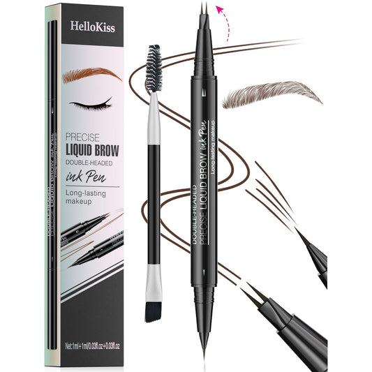 Curved Eyebrow Pen - Augenbrauenstift, 2-in-1 Dual-Ended Microblading Augenbrauenstift mit Micro-Fork-Tip und Präzisionsbürste, für natürliche haarähnliche Brauen, hält den ganzen Tag (Dunkelbraun)