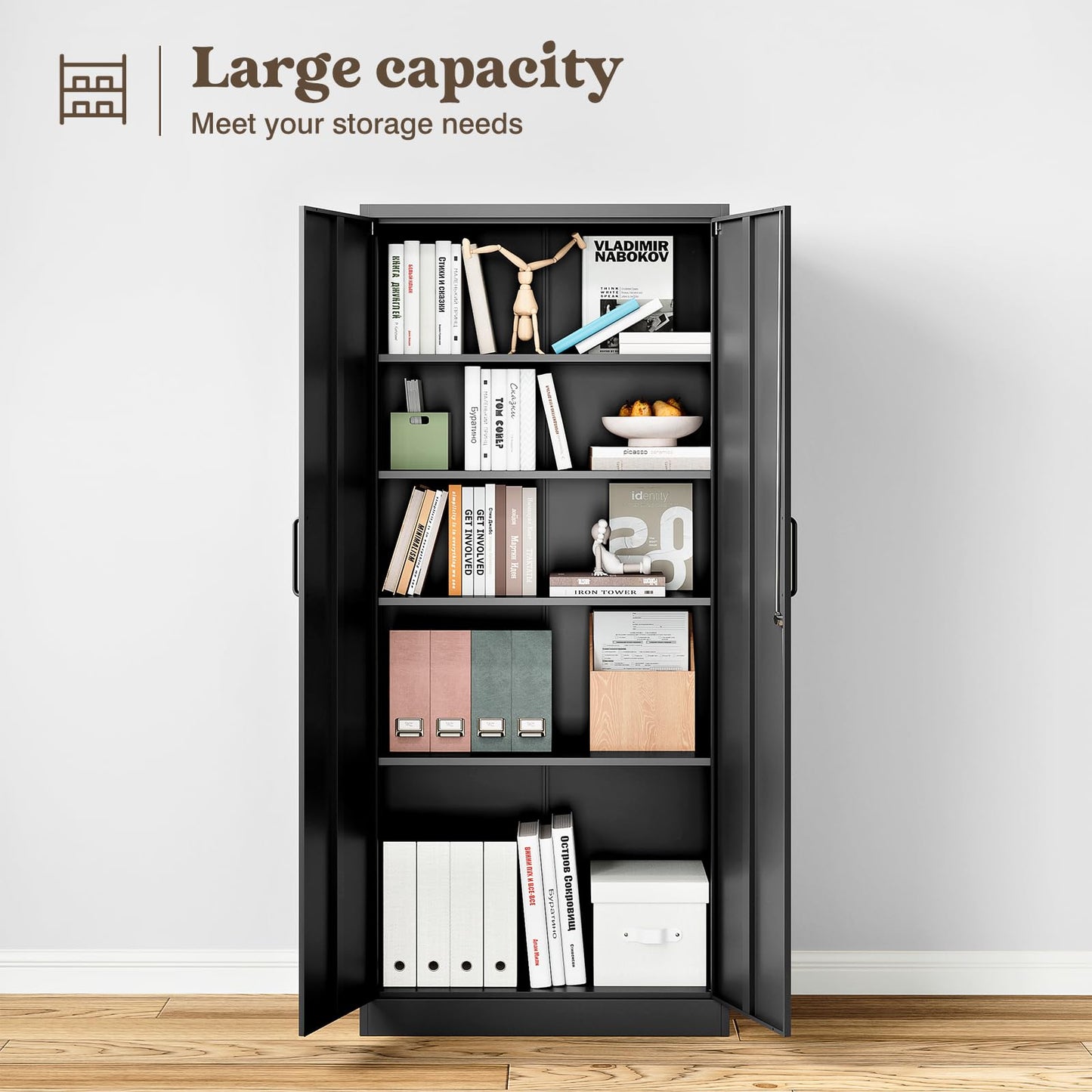 Aktenschrank Aufbewahrungsschrank mit Schloss Stahlschrank Stahlspind Mehrzweckschrank Metallschrank mit 2 Türen für Büro Haus Garage Fitnessstudio Schule 170X78X39cm Schwarz