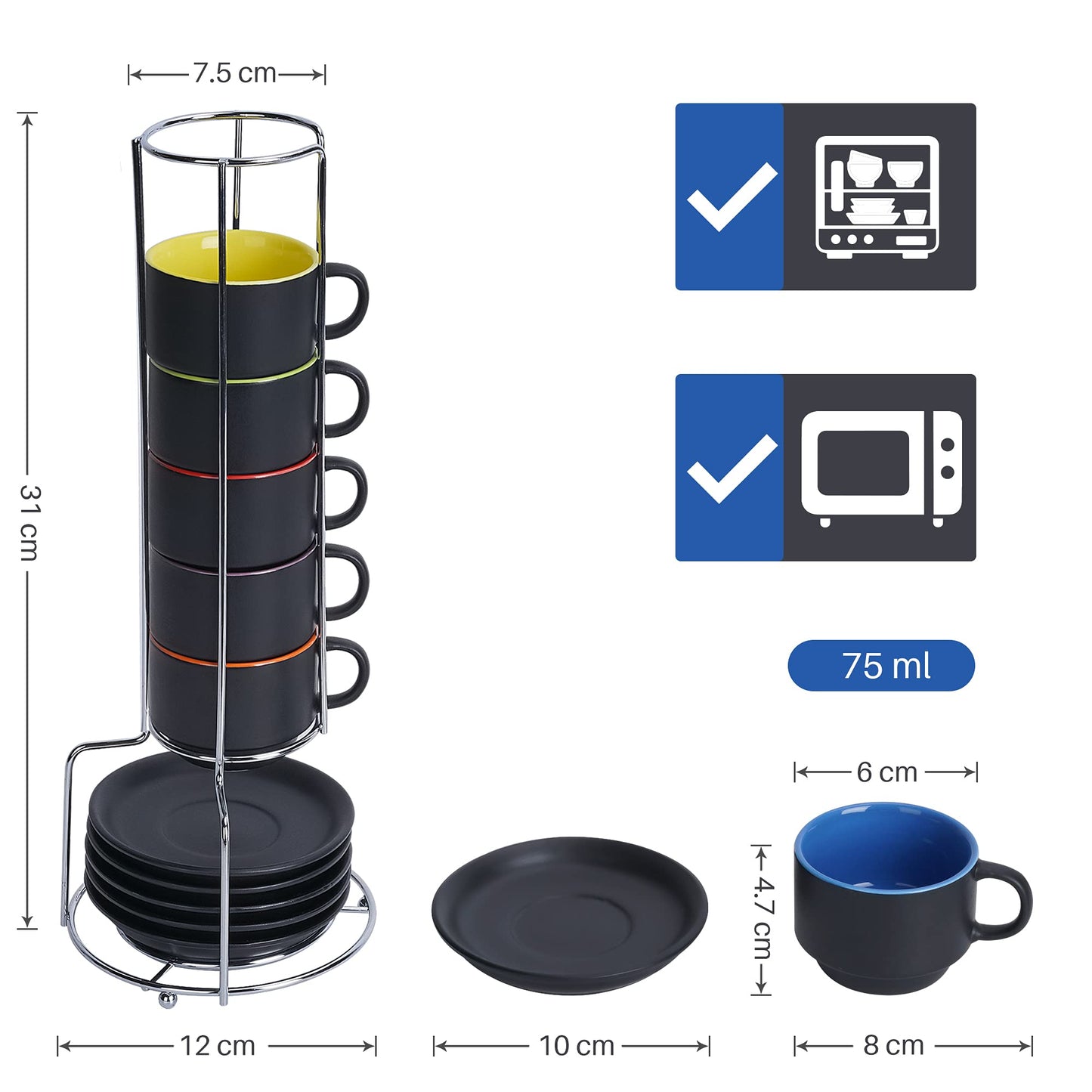 MIAMIO - 6 x 75 ml Espressotassen Set/Espresso Tassen Set mit Untertasse & Ständer - Kaffeetassen Set 6er Kaffeebecher Keramik - Le Papillon Kollektion (Bunt)