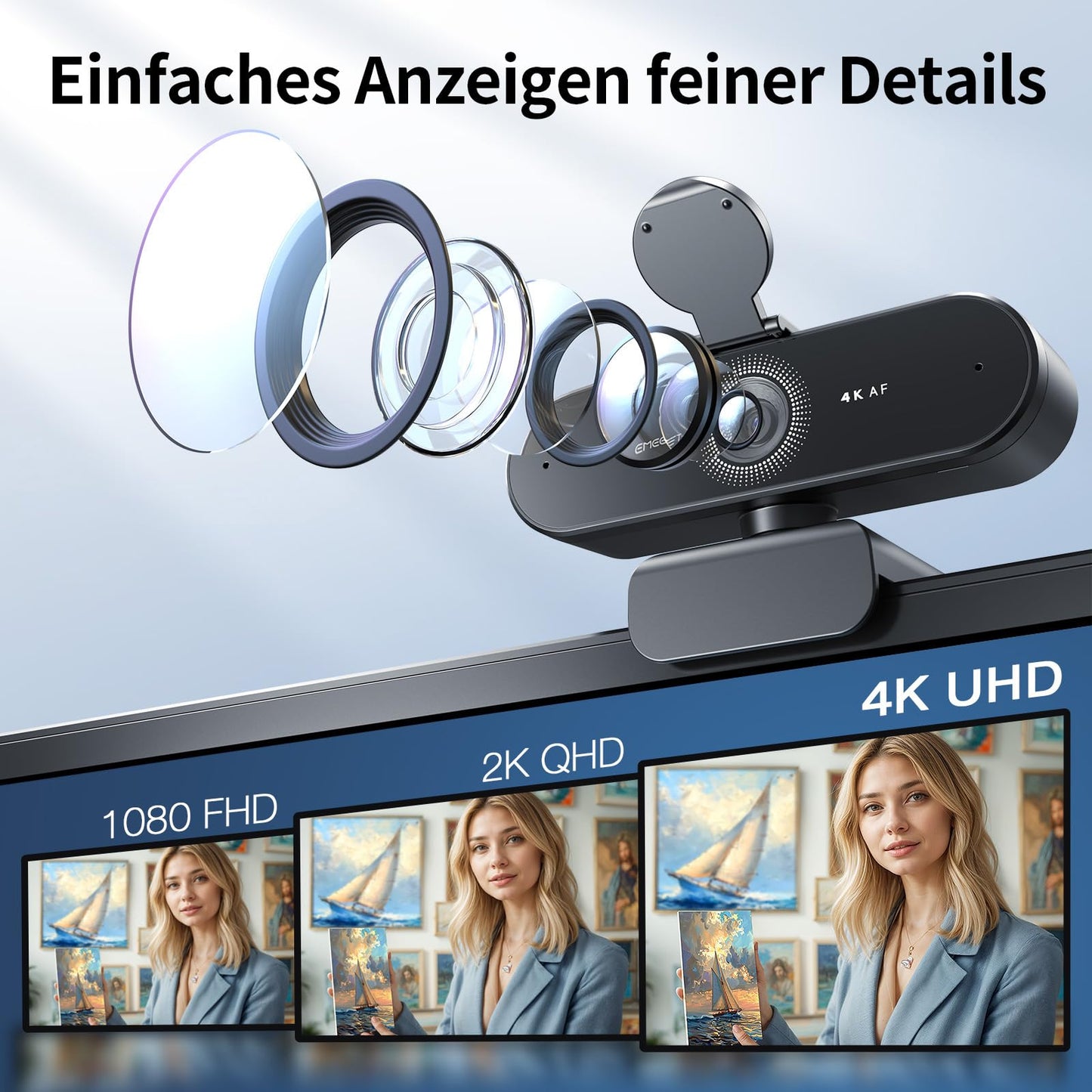 EMEET Webcam NOVA 4K, 4K Webcam mit 2 Mikrofon mit Rauschunterdrückung, Ultra HD Webcam mit 73° Weitwinkel und Objektivabdeckung, PDAF Automatische Lichtkorrektur, Webcam für Mac, Laptop, Zoom, Skype