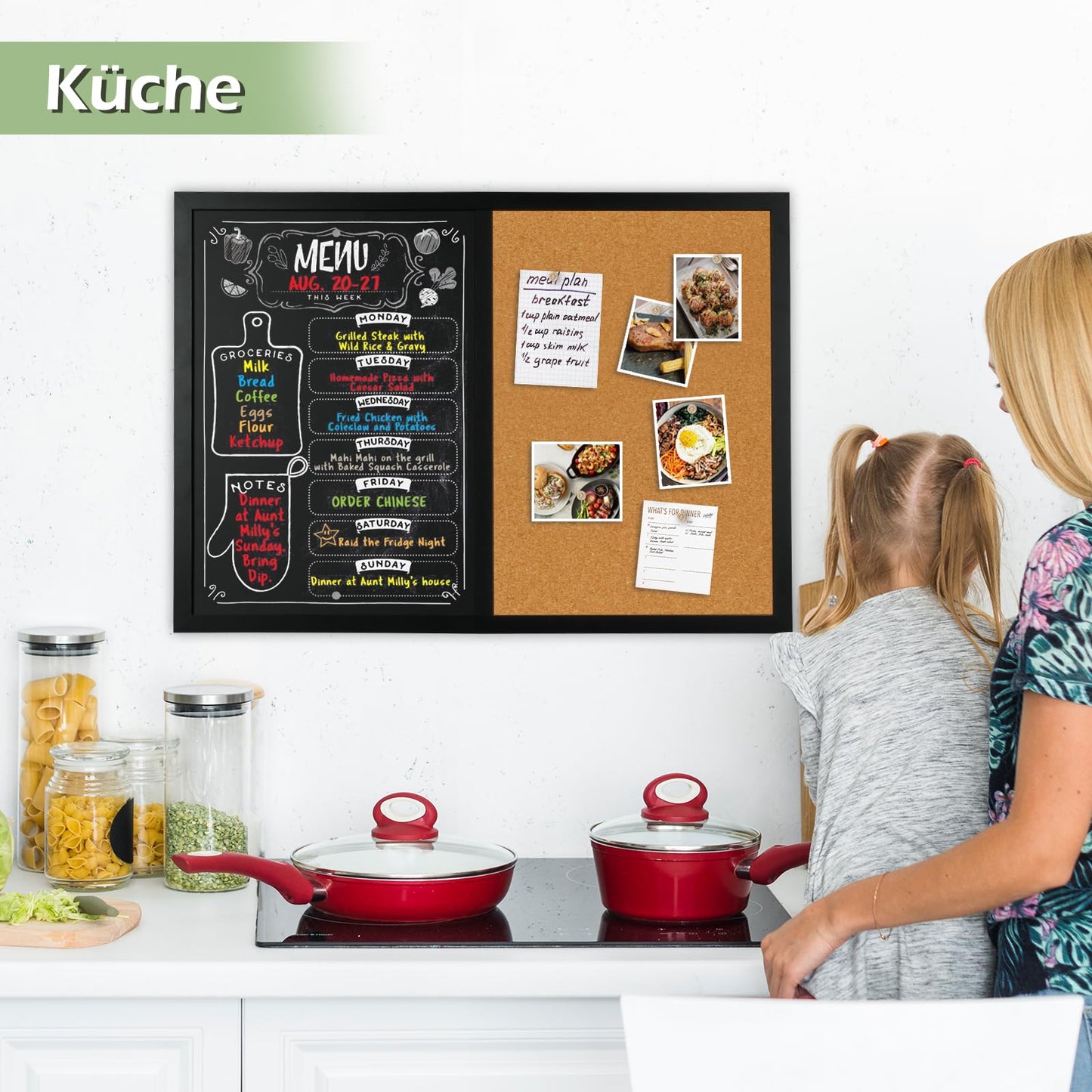 QUEENLINK Kombitafel mit Magnetische Kreidetafel und Pinnwand Kork 40 x 60 cm Pinnwand Küche Magnettafel Memoboard