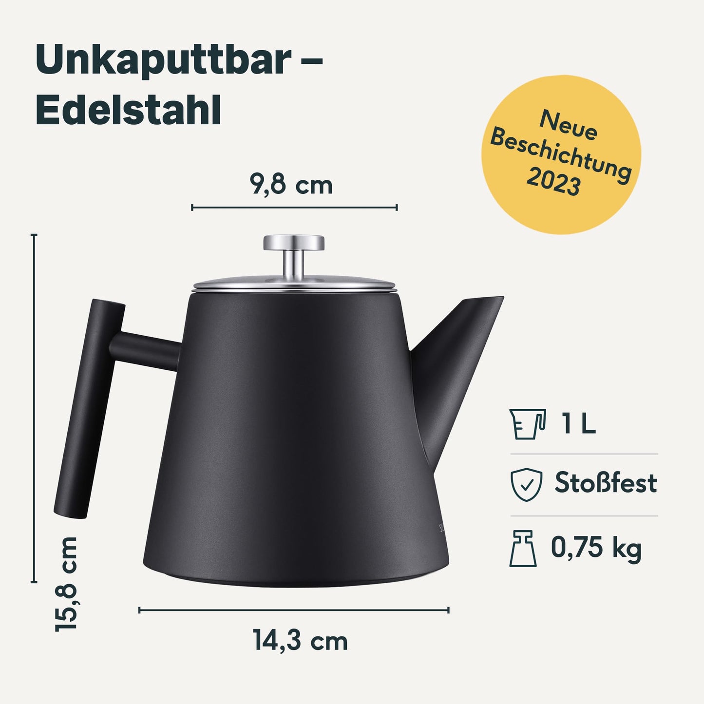 SILBERTHAL Teekanne Edelstahl mit Siebeinsatz (1L) Schwarz - Doppelwandig mit Thermofunktion - Hält lange warm