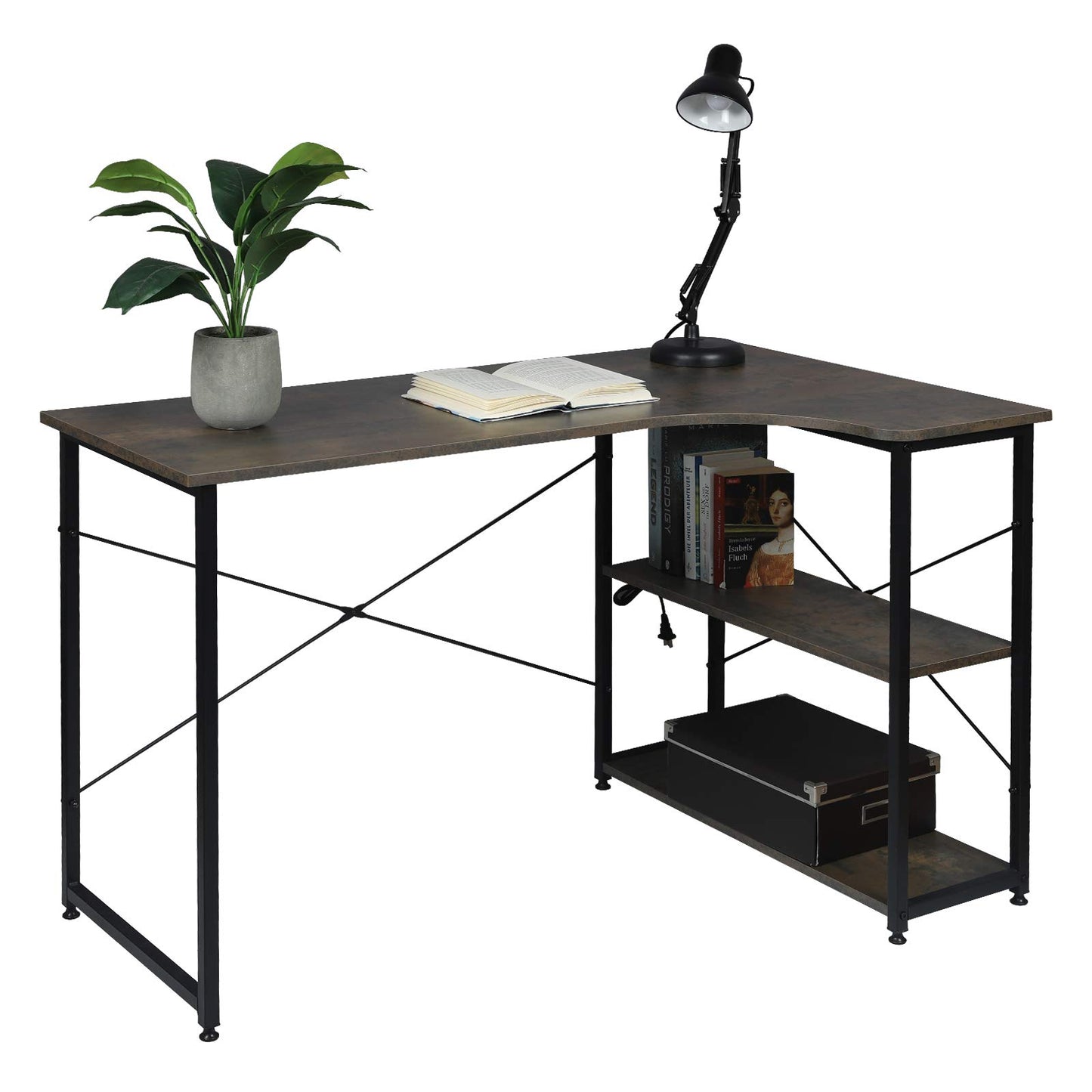 WOLTU Eckschreibtisch, L-förmiger Schreibtisch mit 2 Ablagen, Bürotisch Computertisch PC Tisch, Ecktisch Groß für Büro Homeoffice Gaming, Industrie-Design, 120x71,5x74 cm, Schwarz+Rostfarbe