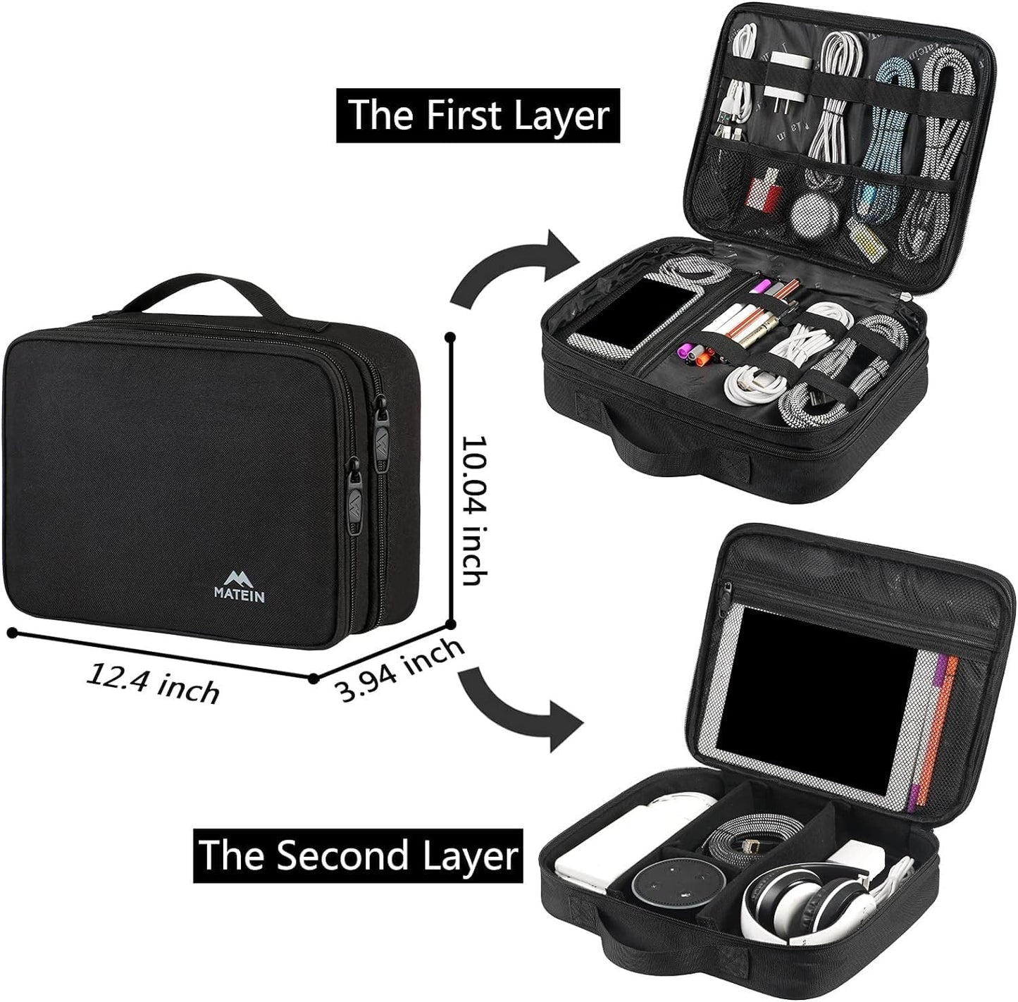MATEIN Kabel Organizer Tasche, GroßE Kabeltasche Organizer Tech Pouch, Wasserabweisend Elektronik Tasche Cable Organizer Travel Bag für IPAD, Ladegerät, Powerbank, Schwarz