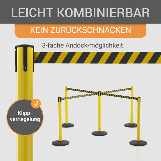Gurtpfosten - 4er Set - Pfostenhöhe: 100,0 cm, Gurtlänge: 3,0 m, Gurtbandbreite: 5,0 cm - Metallpfosten gelb, Gurtfarbe Farbe: gelb/schwarz