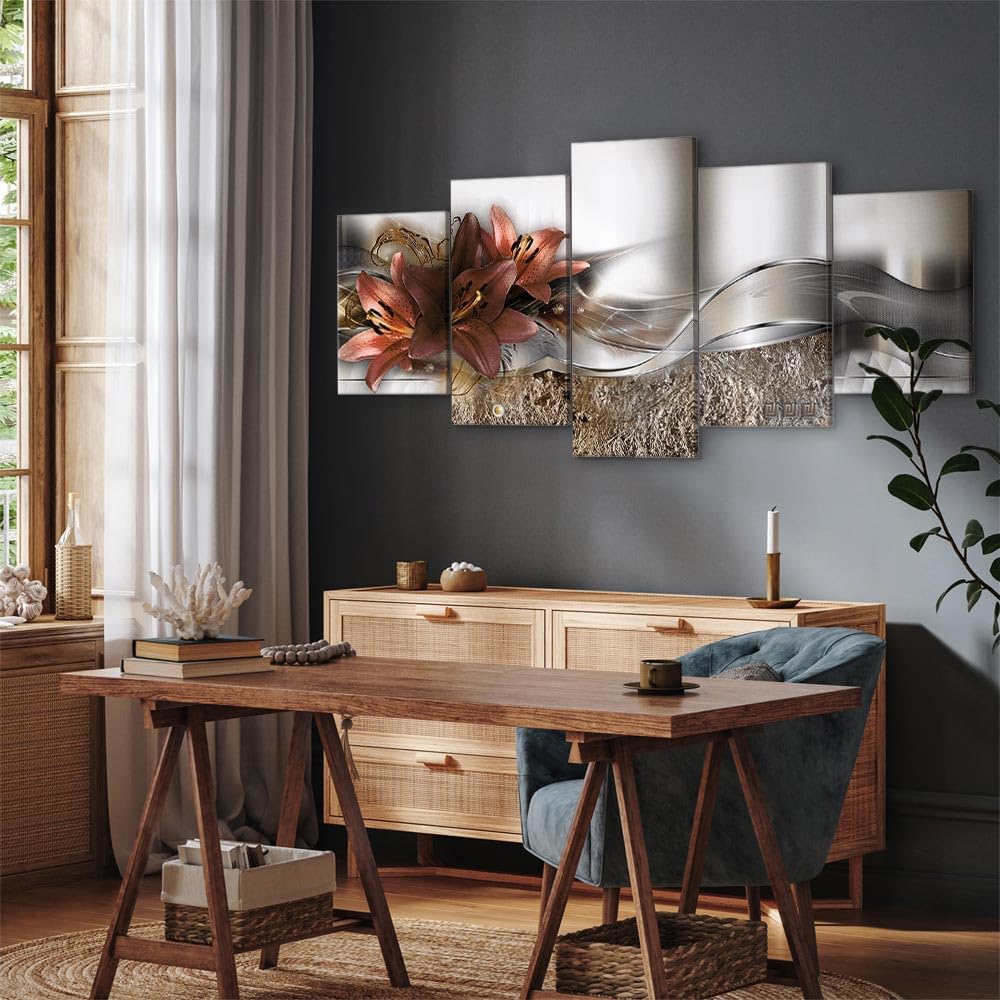 murando - Wandbilder XXL Blumen 200x100cm 5 tlg - Wand Deko Leinwand Bilder Groß Wanddeko Wohnzimmer Schlafzimmer Kunstdrucke - Lilien Abstrakt Diamant Textur silber dunkelrot