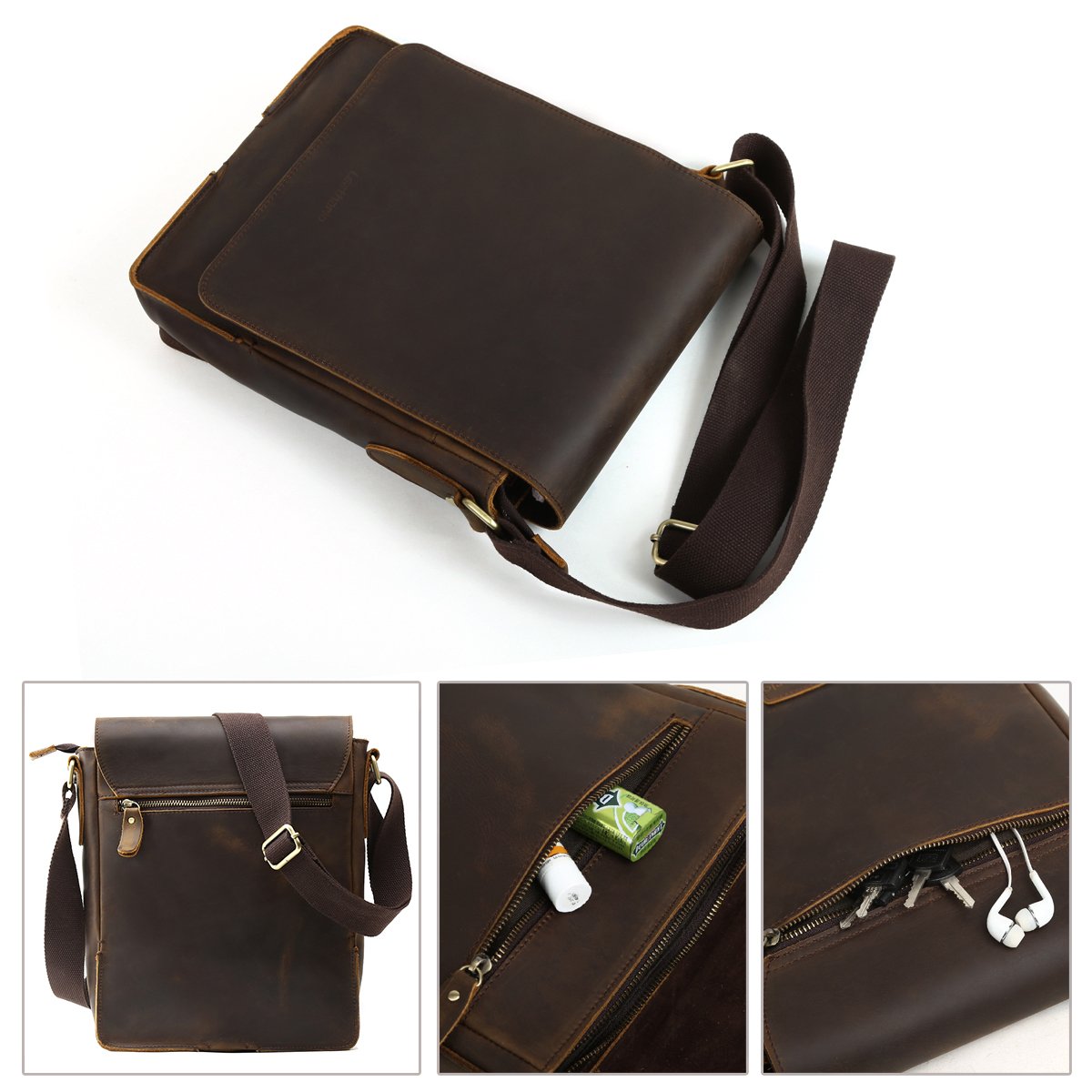 Leathario Herren Umhängetasche Schultertasche Leder 9.7Zoll Ipad mit 5 Steckfächern 25 x 7 x 31 cm für Alltage Freizeit