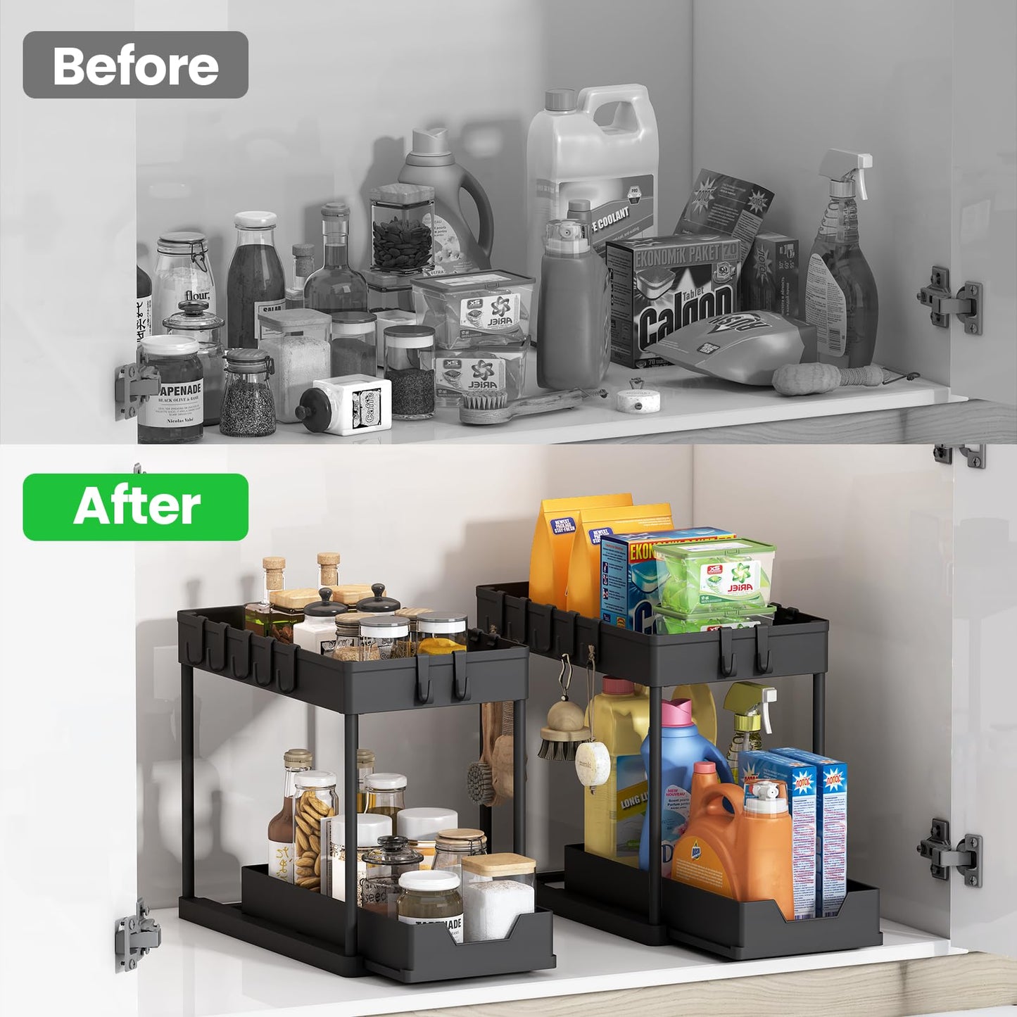 Meltrck Spülschrank Organizer - 2 Stück Unter Waschbecken Regal Organizer - Ausziehbares Lagerregal Organizer mit 16 Haken,Schwar