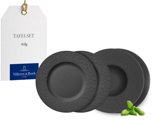 Villeroy & Boch – Manufacture Rock Teller-Set, 4 Tlg., Geschirr Set Für 2 Personen, Premium Porzellan, Schwarz