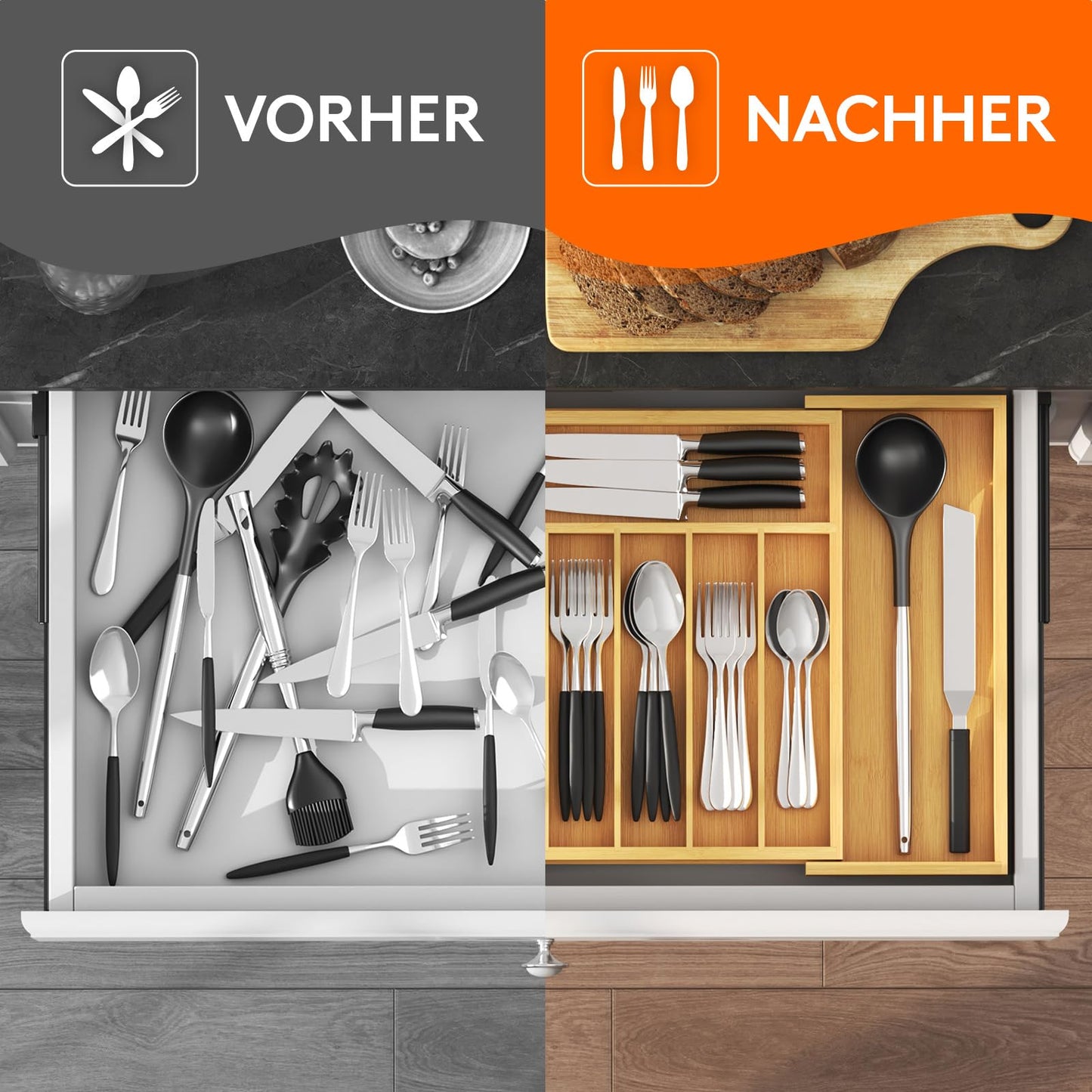Lifewit Besteckhalter, Erweiterbarer Utensilienhalter für Schublade, Verstellbarer Besteckkasten, Kompakt Besteckeinsatz für Schubladen aus Bambus für Löffel, Gabeln, Messer, Groß, Naturfarbe