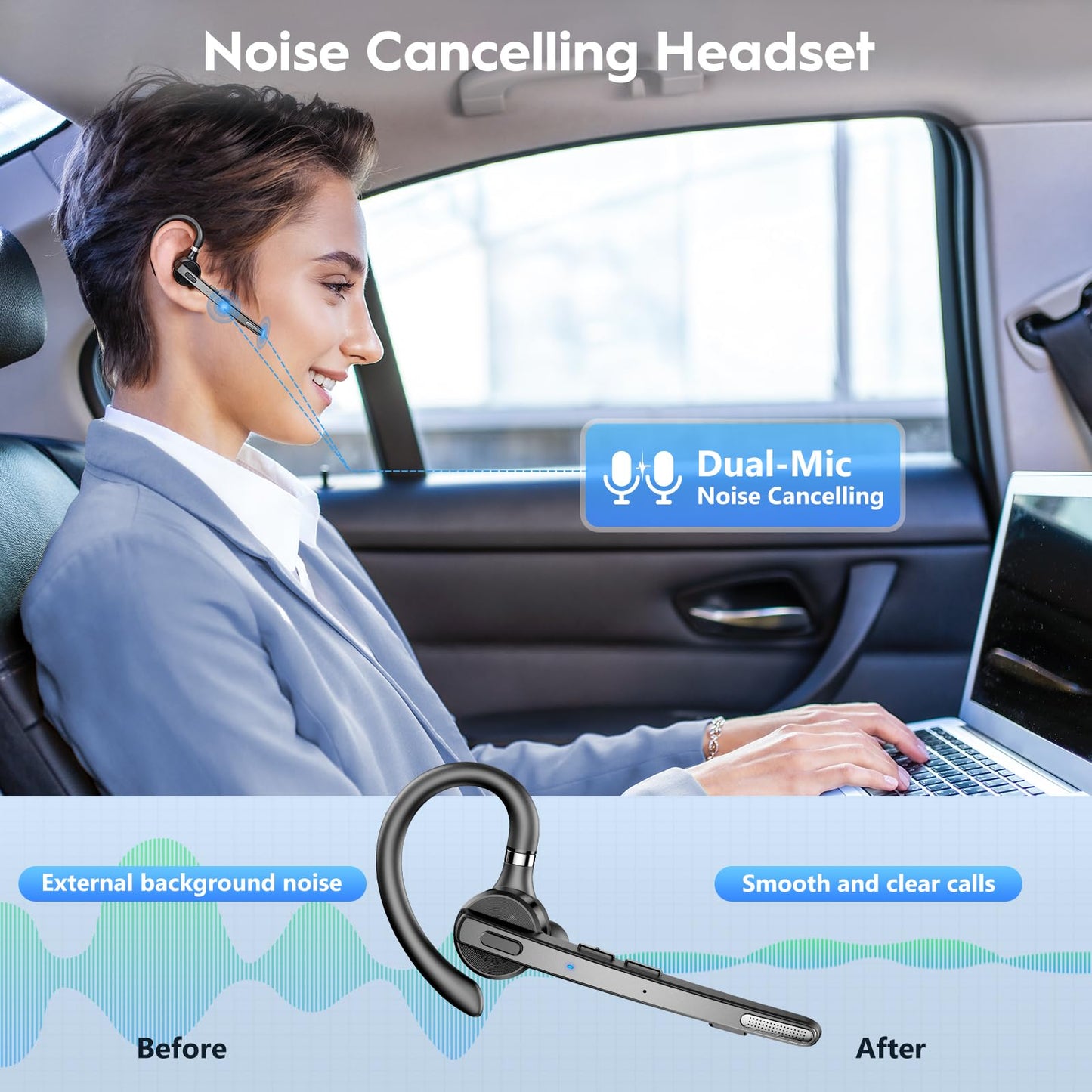 New bee Bluetooth Headset, V5.1 Wireless Freisprech Headset mit 72h Spielzeit und CVC 8.0 Dual ENC Geräuschunterdrückung Mikrofon, Bluetooth-Ohrhörer mit Ladecase für iPhone/Android/Laptop