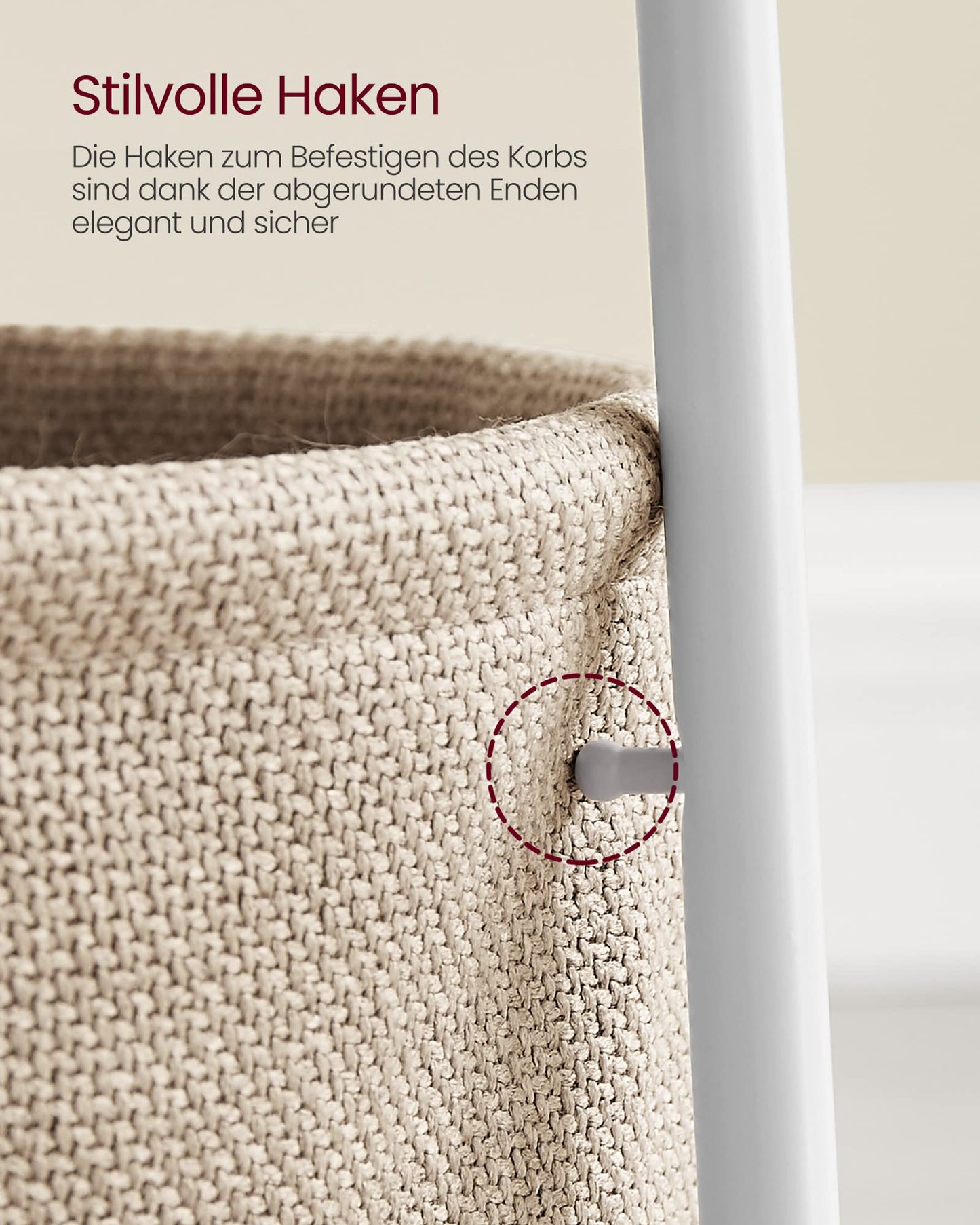VASAGLE Beistelltisch rund, Kleiner Tisch, Couchtisch klein, Wohnzimmertisch, Korb aus Stoff, Stauraum für Wohnzimmer Schlafzimmer, Nachttisch modern, mattweiß-Kamelbraun LET223W10