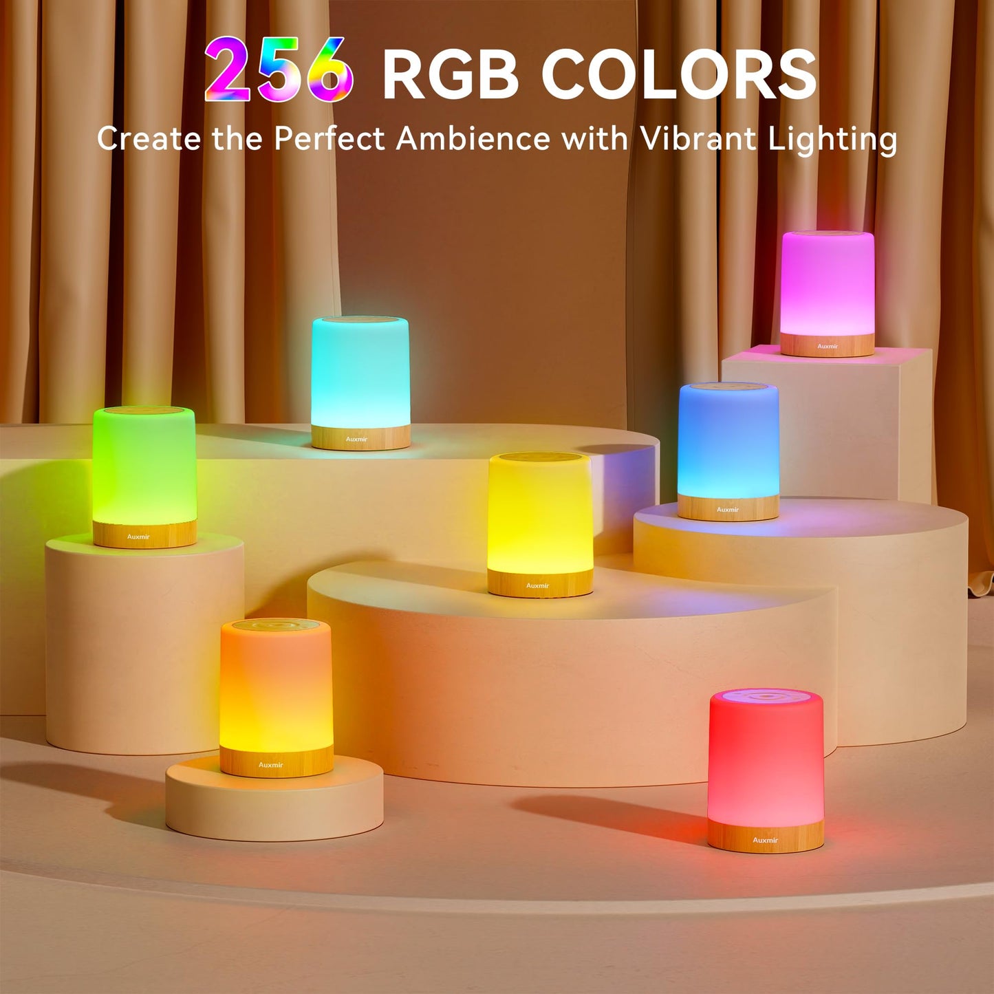 Auxmir LED Nachttischlampe Touch Dimmbar mit 256 RGB Farben & 4 Modi, Tischlampe Kabellos USB Aufladbar, Nachtlicht Holzmaserung Timing Funktion, Tragbar Nachtlampe für Schlafzimmer Wohnzimmer Camping