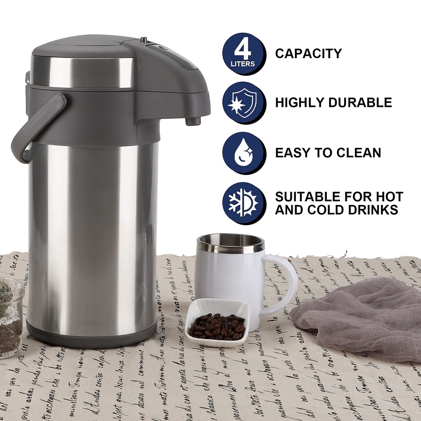 Titel: Olerd 4-Liter Pumpthermoskanne, Silber, Edelstahl-Doppelwand mit Vakuumisolierung, Kaffeespender mit Pumpmechanik für Warm und Kalt