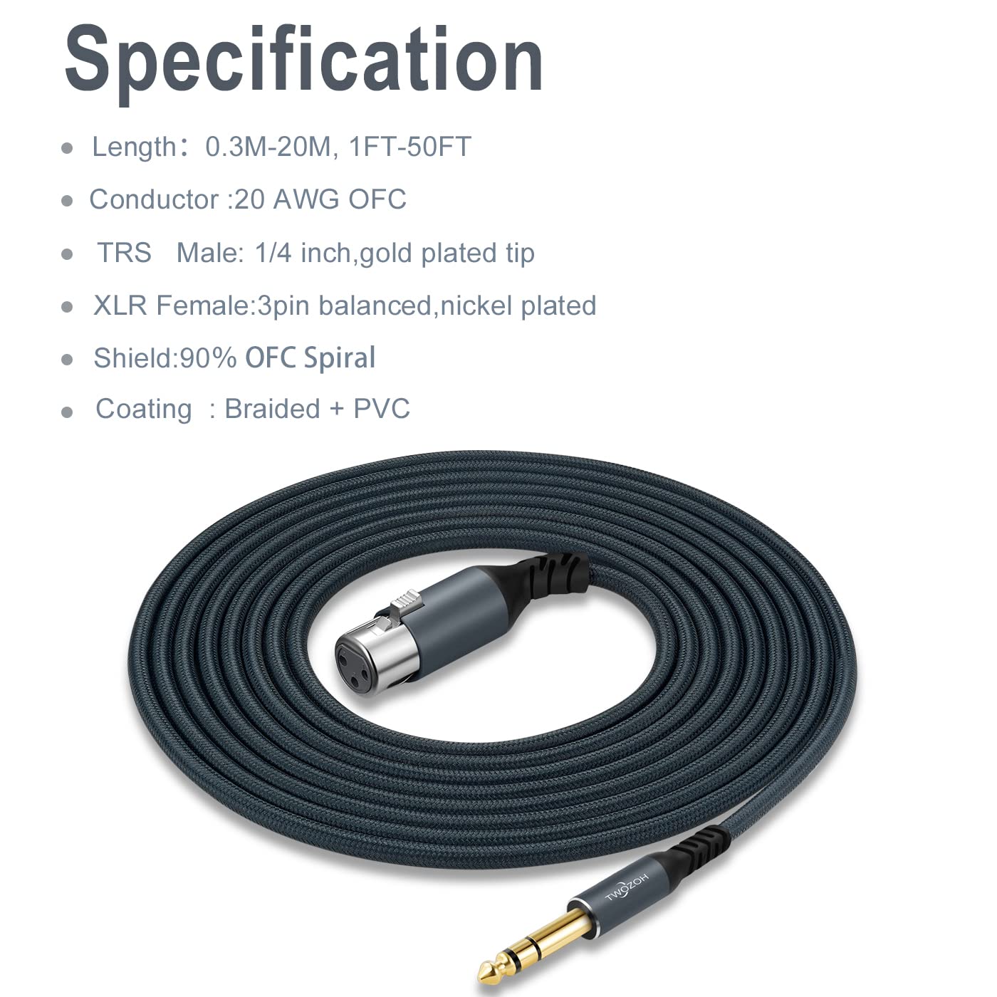 Twozoh XLR Buchse auf 6,35 mm TRS Kabel 2M, Geflochtenes Klinke Stereo 6,35 mm stecker auf 3 poliges XLR Mikrofonkabel (Professional/HiFi)