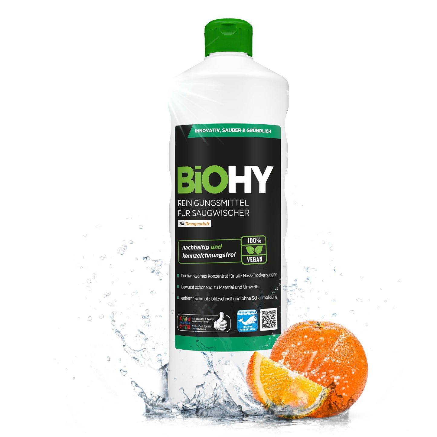 BiOHY Reinigungsmittel für Saugwischer mit Orangenduft (1l Flasche) | 1:200 Konzentrat für alle Nass-Trockensauger | ideal für Fliesen, PVC, Parkett, Laminat & Teppich | streifenfreier Glanz