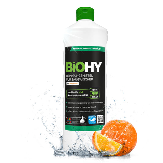 BiOHY Reinigungsmittel für Saugwischer mit Orangenduft (1l Flasche) | 1:200 Konzentrat für alle Nass-Trockensauger | ideal für Fliesen, PVC, Parkett, Laminat & Teppich | streifenfreier Glanz