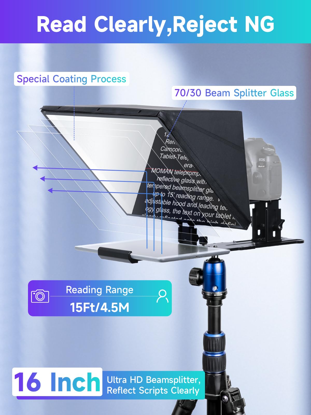 Moman MT16 Teleprompter 16 Zoll – Professioneller Video-Prompter für iPad, Tablet & Smartphone mit App-Steuerung und Fernbedienung für DSLR/Videokameras