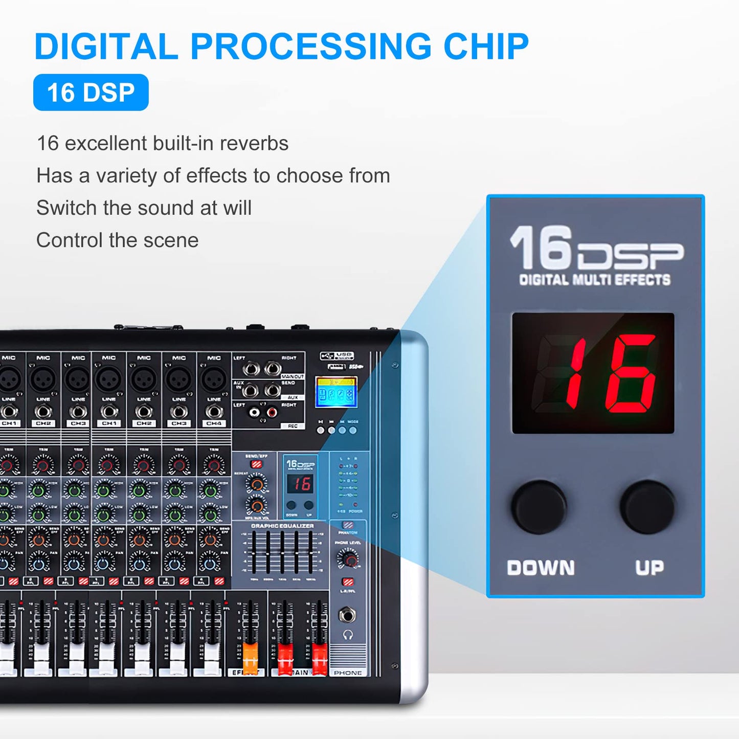 Powermixer Mischpult mit Verstärker, Audio Mixer 8 Kanal Soundcraft Mischpult, Dj Mischpult Profi Audio Interfac Streaming Musik Mixer Live Soundkarte, 2 * 300w Sound Board with 16 Kinds DSP Reverb