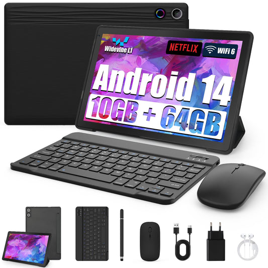 Tablet 10 Zoll 8-in-1 Kit Android 14 Tablet PC mit Hülle Tastatur Maus Stift Kopfhörer Netzstecker Kabel Octa-Core 10 GB RAM 64 GB ROM 1TB TF Erweiterbar 1280x800 IPS Touchscreen 5000 mAh (Schwarz)