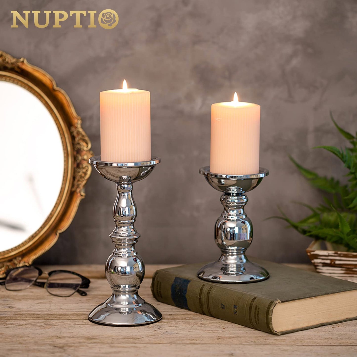 NUPTIO Säulenkerzenhalter Metallkerzenhalter Ideal für 80mm Kerzen, Silberner Kerzenhalter für Wohnzimmer, Gärten, Spa, Aromatherapie, Weihrauchkegel, Hochzeit, Party, 2 Stück