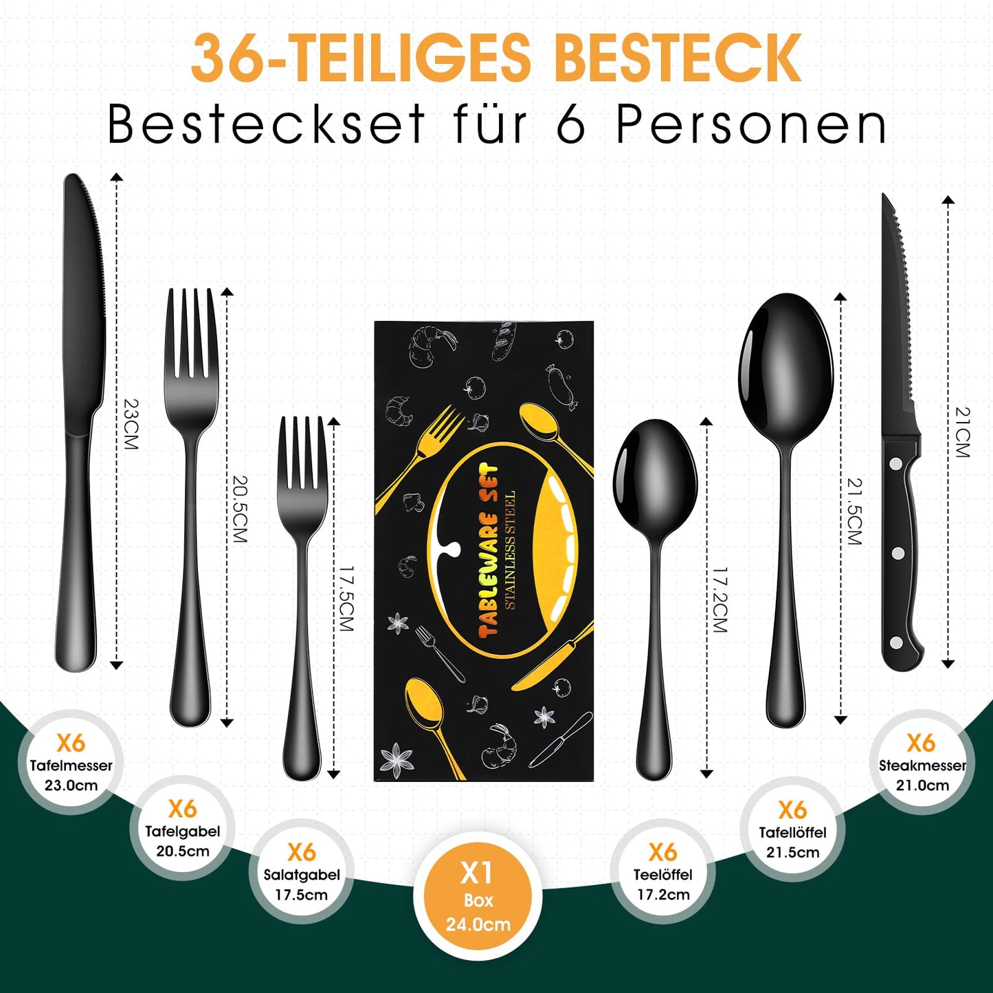 TAN REN Besteck Set Schwarz 6 Personen, 36-Teiliges Edelstahl Besteckset Schwarz mit Steakmesser, Elegantes Essbesteck mit Messer Gabel Löffel, Tafelbesteck für Küche/Restaurant