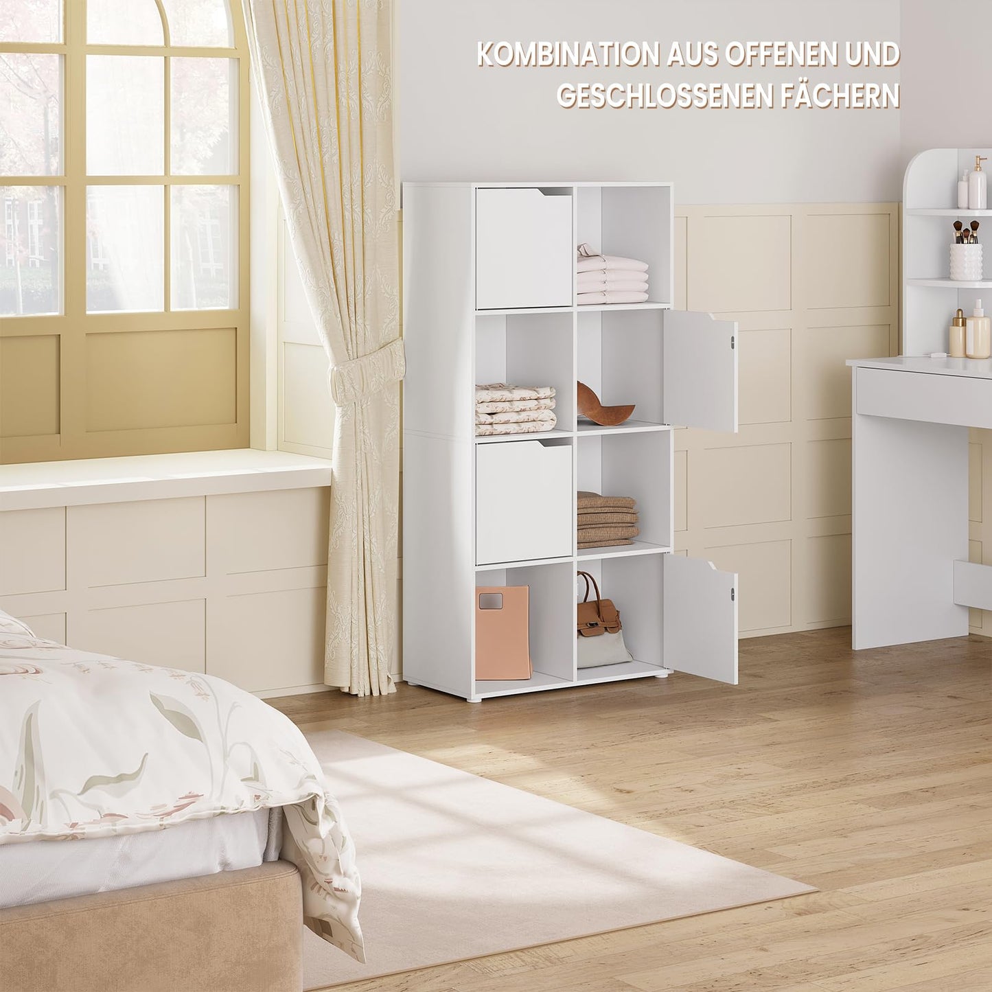 WOLTU 8-Fächer-Bücherregal, Weiß, Würfelregal mit 4 Türen, Kompaktes Standregal für Wohnzimmer, Schlafzimmer und Büro, 60x120x30 cm