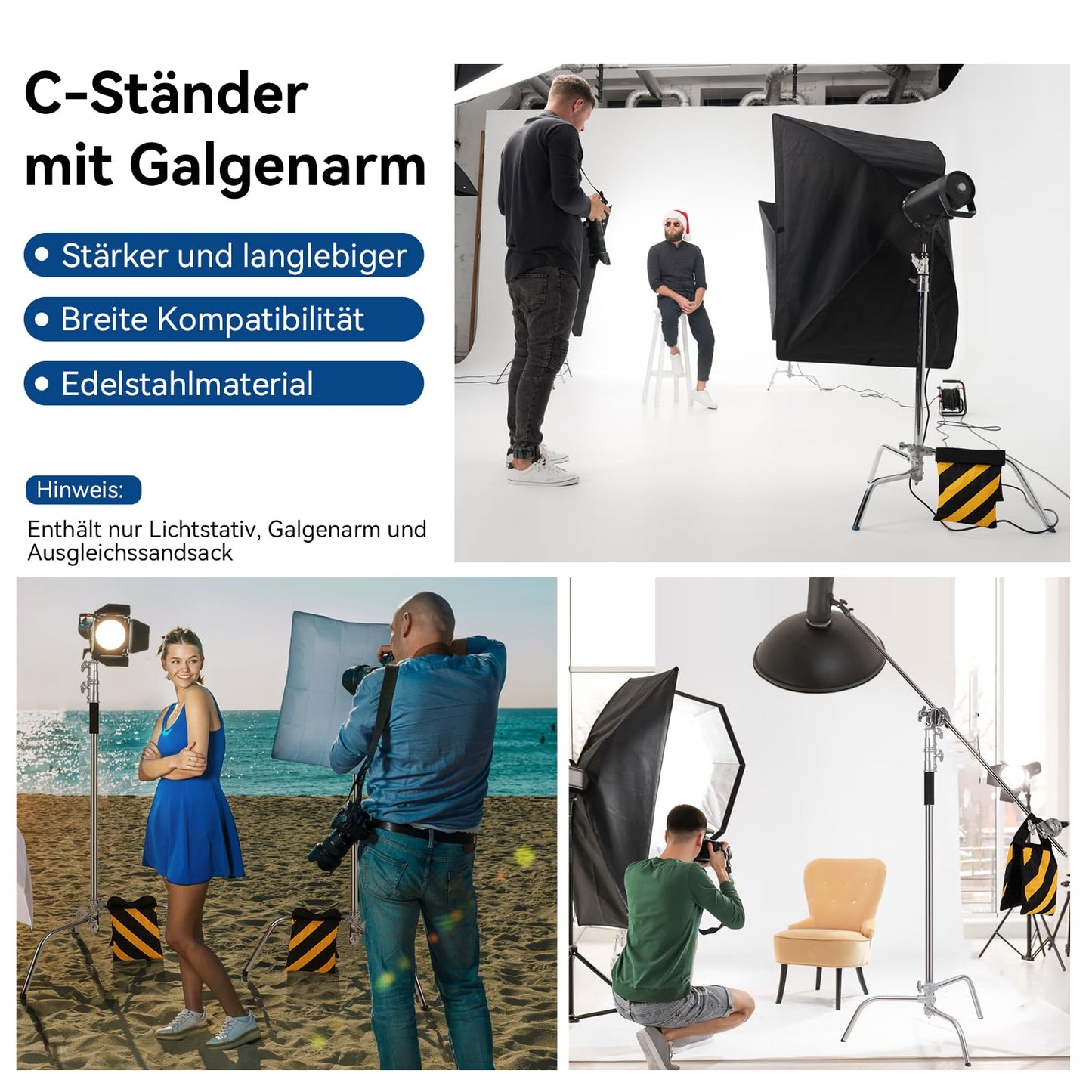 C Ständer aus Edelstahl mit Galgenarm, AQIRUI 285 cm verstellbares C Ständer Lichtständer mit 107 cm Haltearm, 2 Griffköpfen und Balance-Sanbag für Produktporträt-Videofotografie