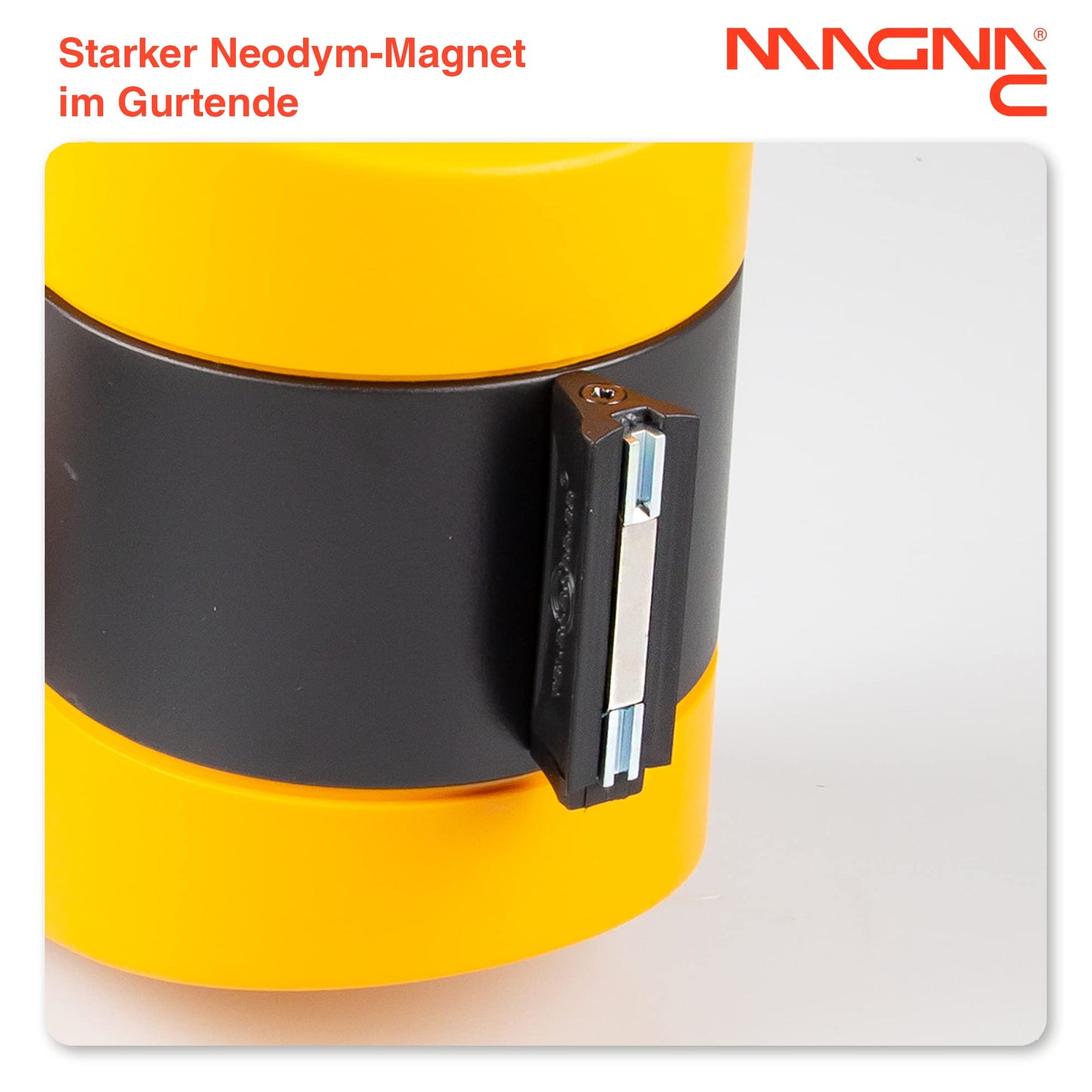 Magna-C® Absperrband mit starken Magneten | aufrollbar | Ideal für Absperrungen | Schwarz-Gelb | 4,6m