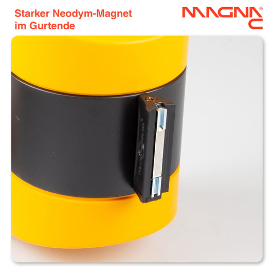 Magna-C® Absperrband mit starken Magneten | aufrollbar | Ideal für Absperrungen | Schwarz-Gelb | 4,6m