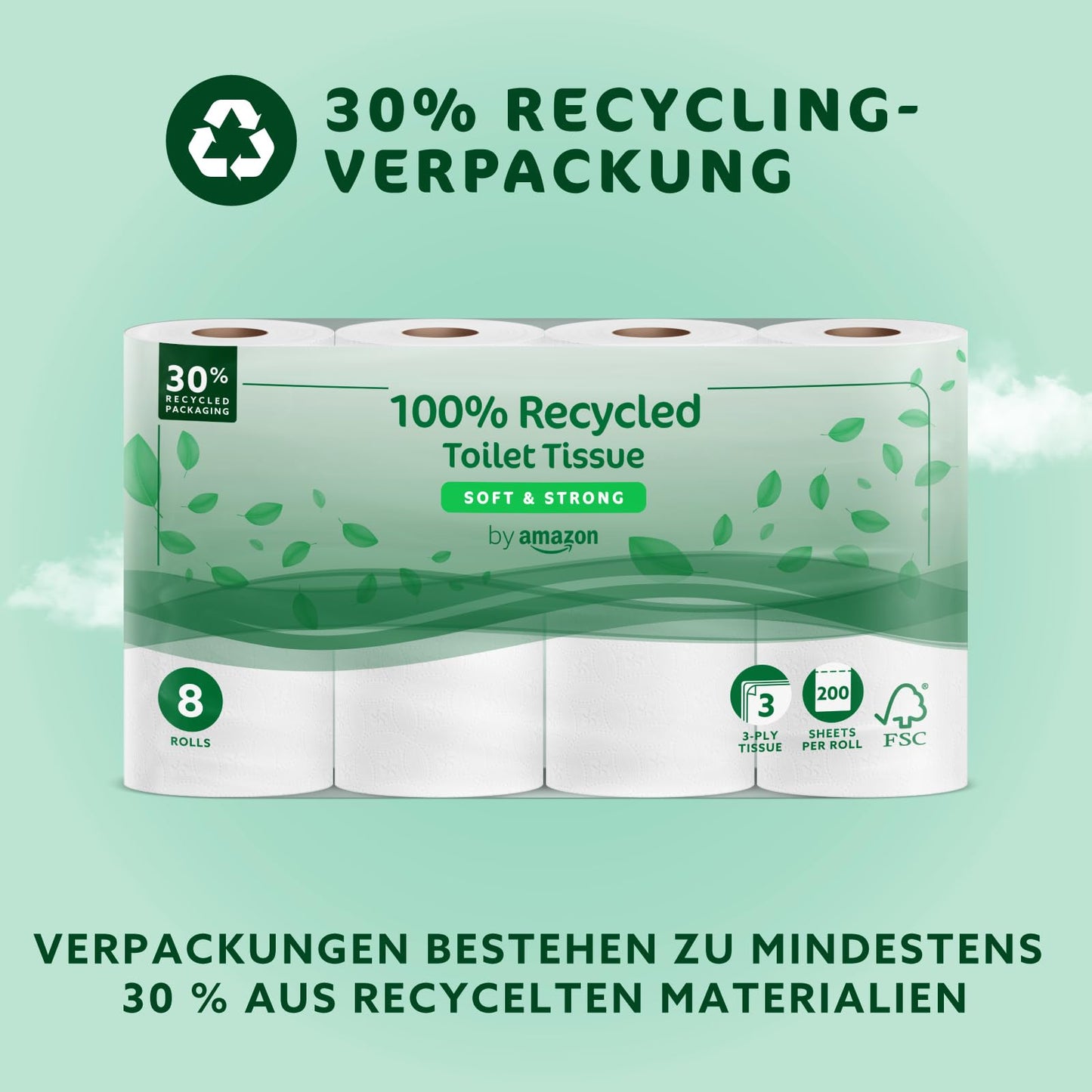 by Amazon Toilettenpapier, 3-lagig 100 % Recycelt, Weich und Stabil, 48 Rollen (8 Rollen, 6-er Pack), 200 Blätter pro Rolle, FSC-Zertifiziert