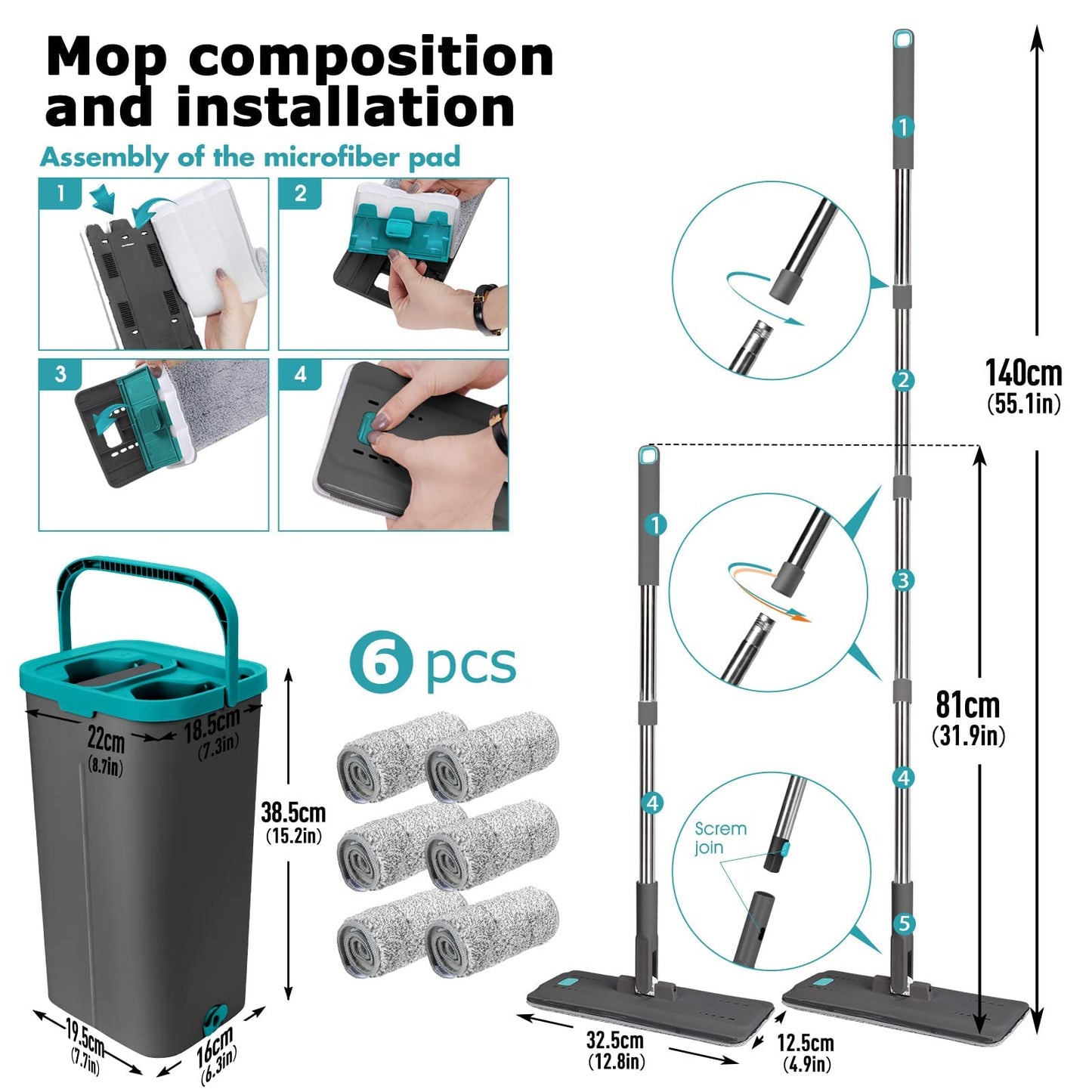 Masthome Bodenwischer Set mit Eimer,Wischmopp Set mit Eimer 2 In 1,Bodenwischer Set und 6 Mikrofaser Wischpads,Wischmopp mit Auswringfunktion für Hartholz Marmor Fliesen Bodenreinigung