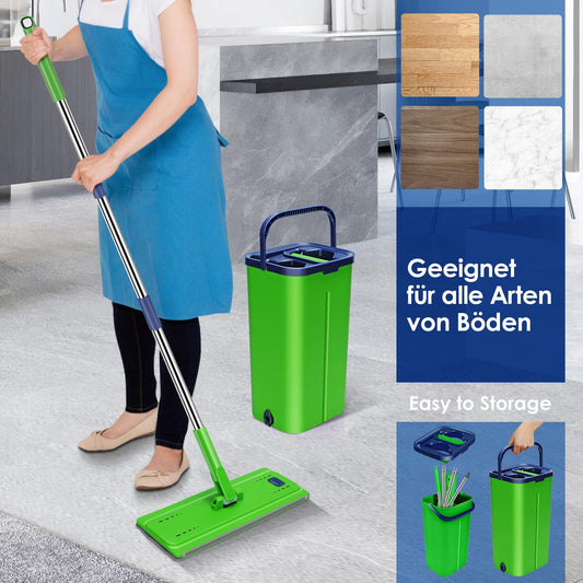 Myiosus Wischmopp Set mit Eimer, Bodenwischer, 2 in 1 Putzeimer mit Wischmop, 138cm Flachmopp für Bodenreinigung und Wandreiniger, 360° Wischmopp mit Auswringfunktion für Alle Böden-5 Mikrofaser Pads