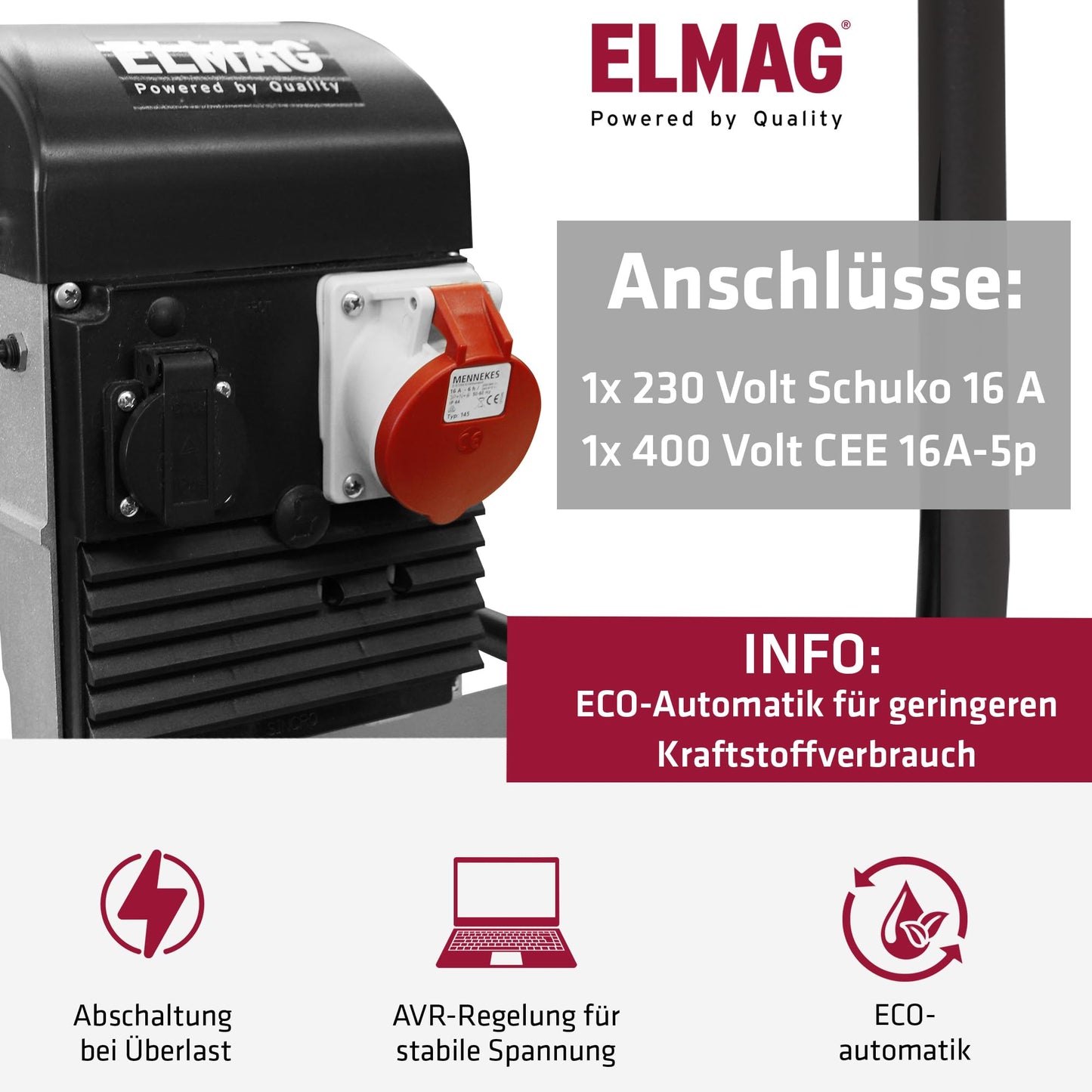 ELMAG SEB 16000WDE-AVR Benzin Stromerzeuger – Notstromaggregat mit 4-Takt-Motor luftgekühlt, 15 kW & 20 l Tank – 1x 230 V Schuko & 1x 400 V CEE – Stromgenerator mit AVR, Handstart & Überlastschutz