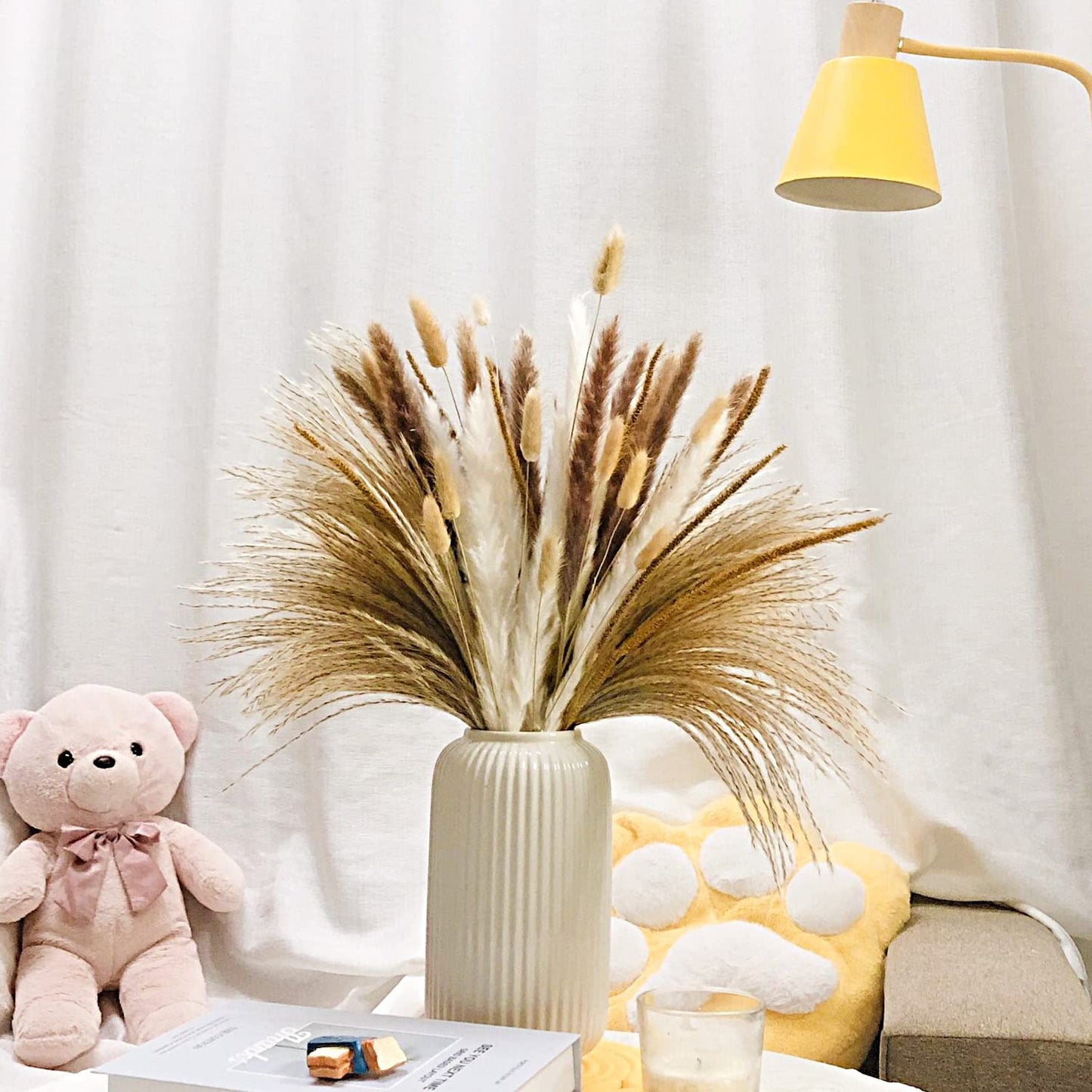 Pampasgras Trockenblumen Deko, 120 Stück Natürliche Braun Weiß Pampasgras Flauschige Wedel, Lagurus und Schilfblume Getrocknete Blumen für Boho Deko Wohnzimmer Schlafzimmer Gartenhaus Hochzeit