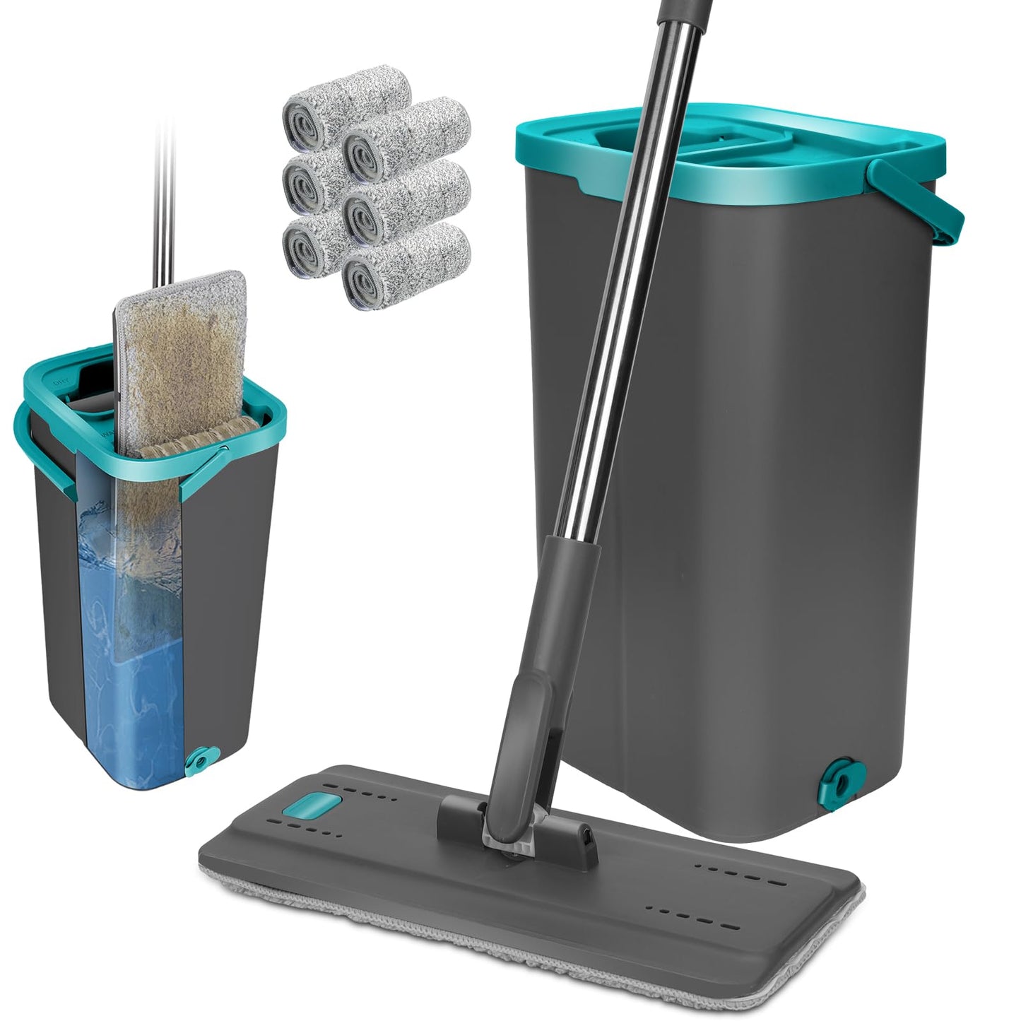 Masthome Bodenwischer Set mit Eimer,Wischmopp Set mit Eimer 2 In 1,Bodenwischer Set und 6 Mikrofaser Wischpads,Wischmopp mit Auswringfunktion für Hartholz Marmor Fliesen Bodenreinigung