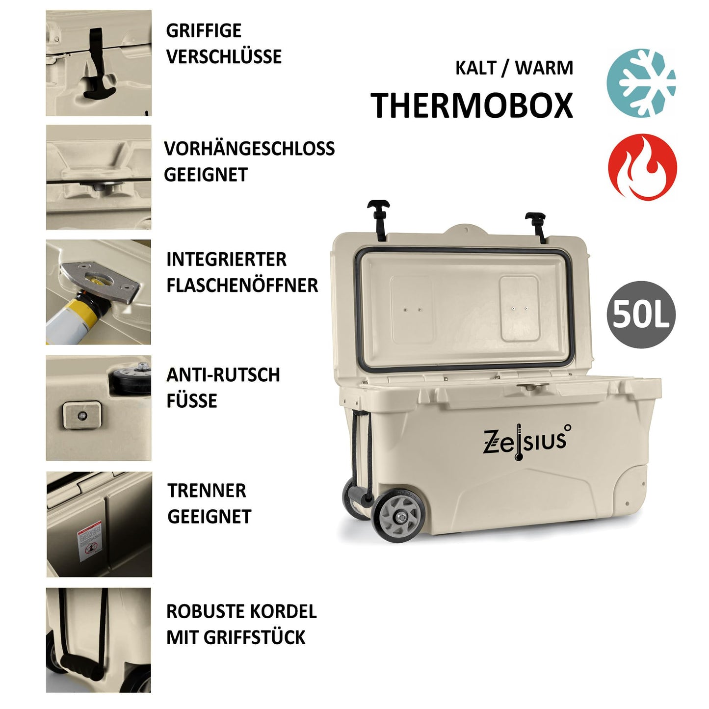 Zelsius Kühlbox 50 Liter mit Räder | Beige | Coolbox | Fahrbare Cooling Box ideal für Auto Camping Urlaub Angeln Freizeit Outdoor | Thermobox für Warm und Kalt