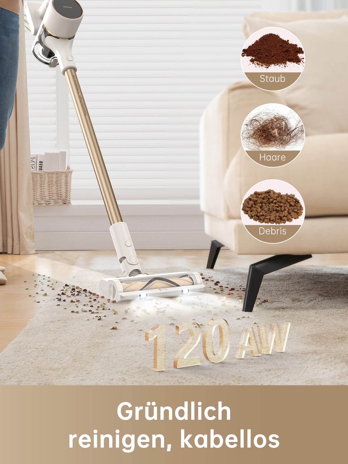 dreame R10 Akku Staubsauger, 120AW Starke Saugkraft Staubsauger Kabellos, 60 Min Laufzeit, Bürste für Diverse Oberflächen mit LED-Licht, ideal für Hausreinigung, Tierhaare, Teppiche