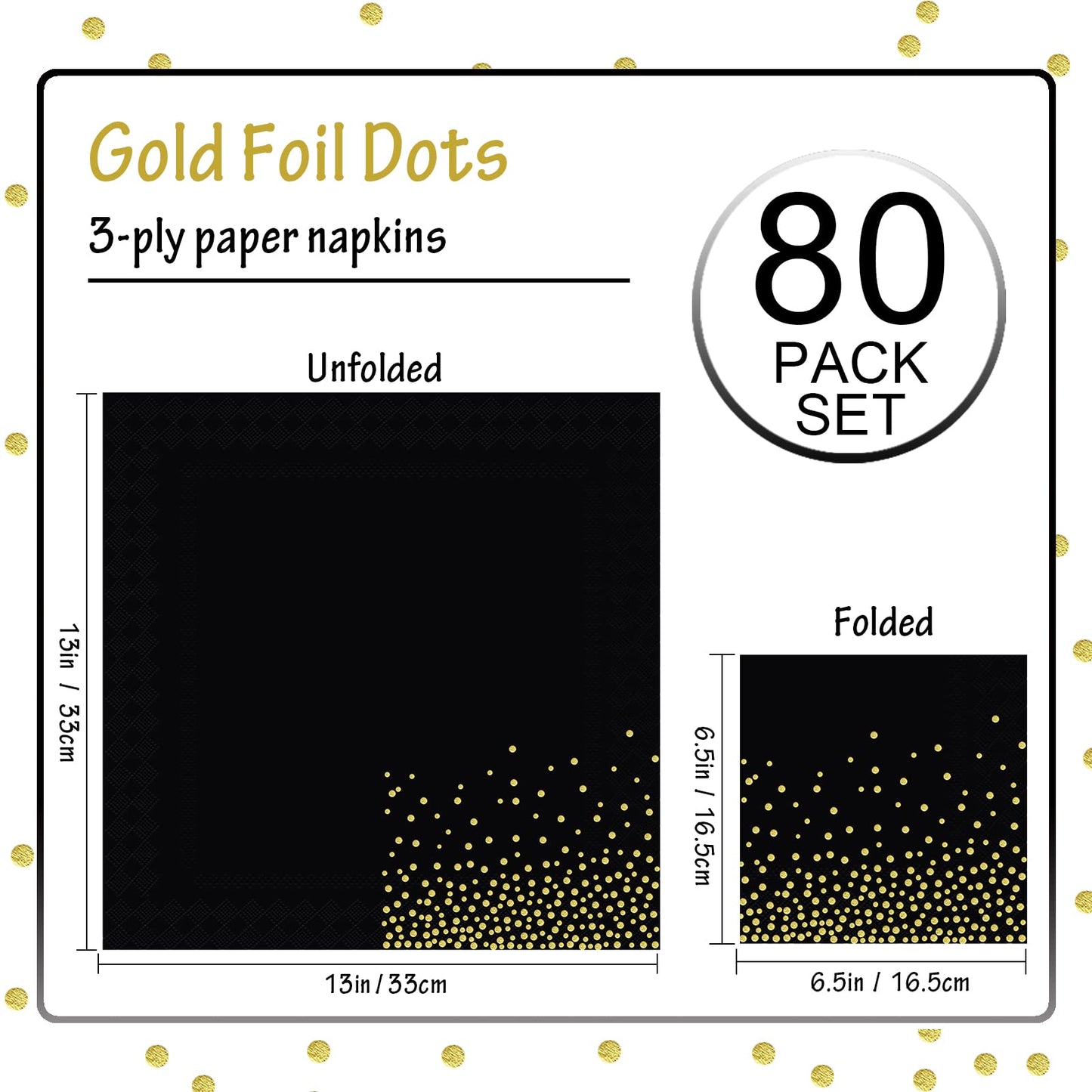 Servietten, Goldfolie Party Servietten Schwarz Golddruck Gepunktete 3-lagig Papier Servierten, 80 Stück Abendessen-Servietten 33x33cm Papierservietten mit metallic Aufdruck