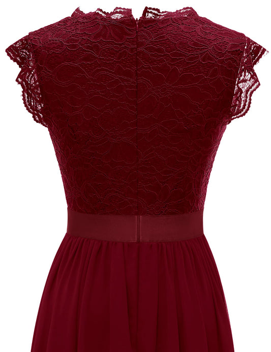 Dressystar Damen Lang Ballkleid Spitze Chiffon V Ausschnitt Maxilang Abendkleid Elegant für Hochzeit Cocktailkeider Dunkelrot M